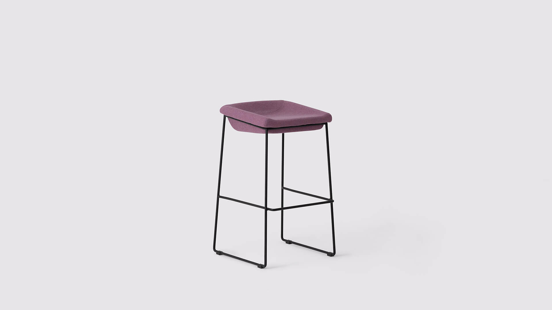 Angled view of the Mackenzie Custom counter or bar stool with purple seat and black base