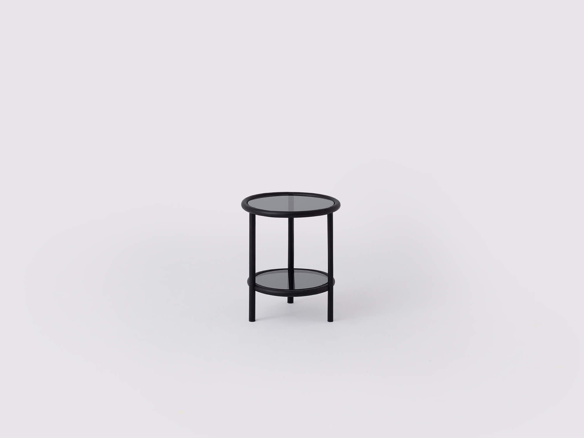 Front view of black metal and glass end table