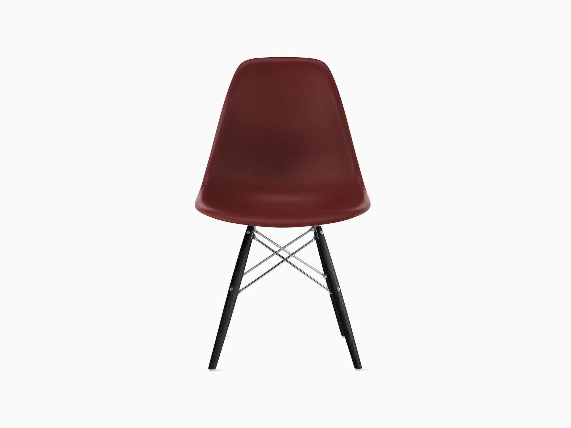 Front view of brown plastic chair with black dowels