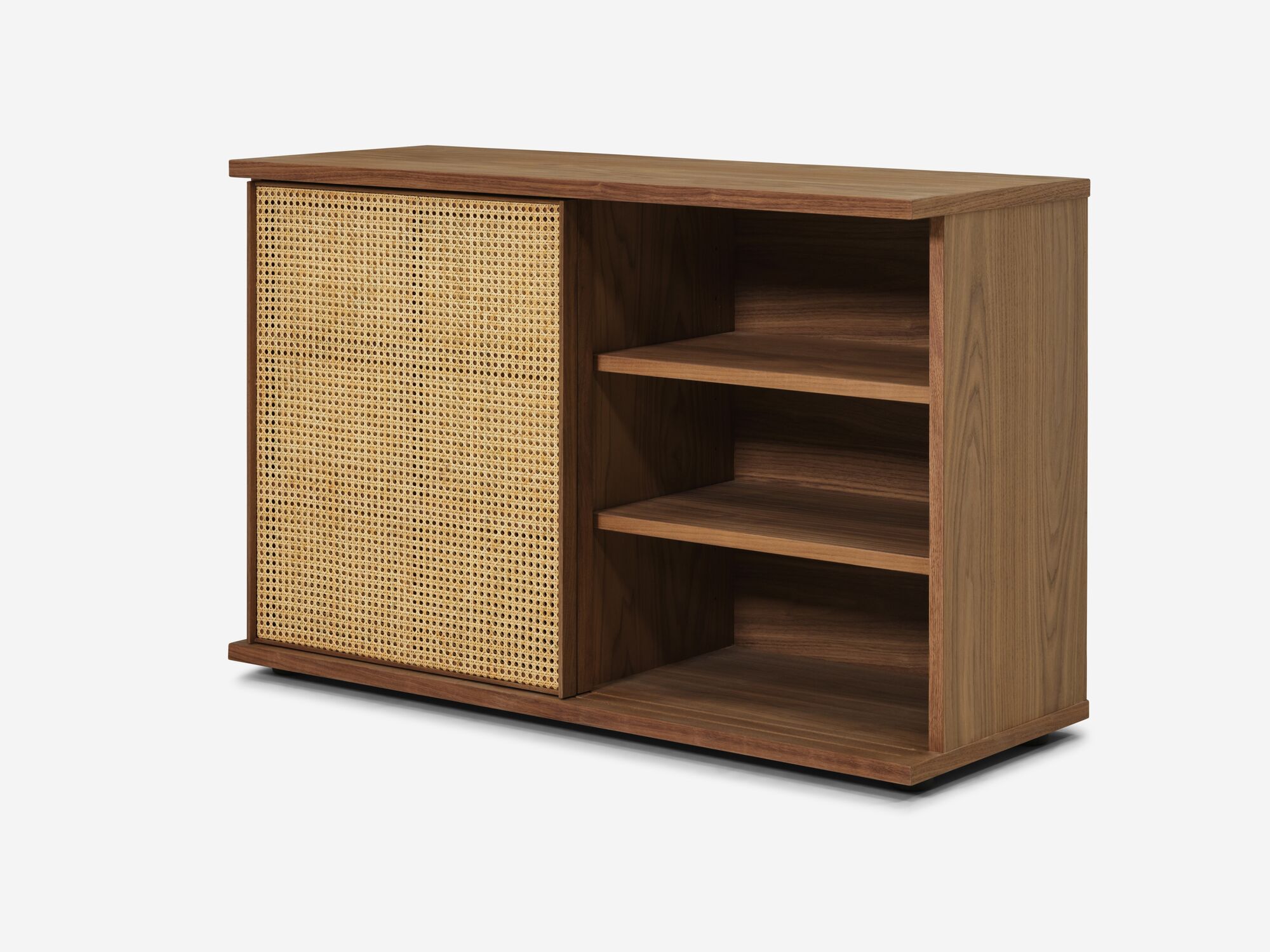 Small walnut office cabinet with cane screens on left front angle view