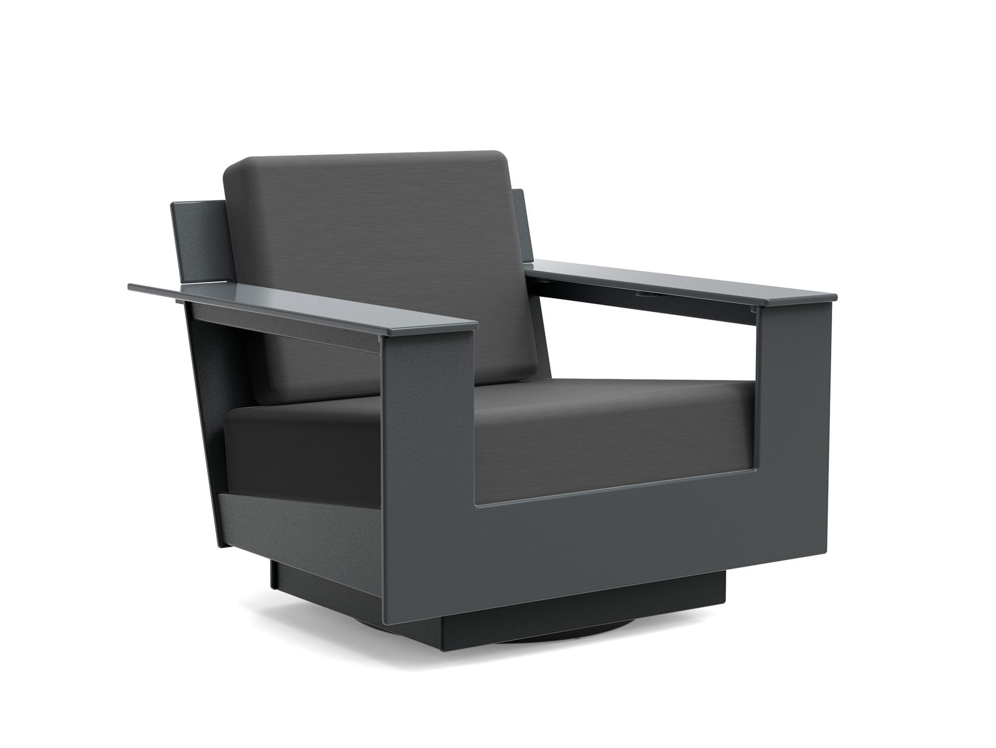 Dark grey swivel outdoor lounge chair front angle view