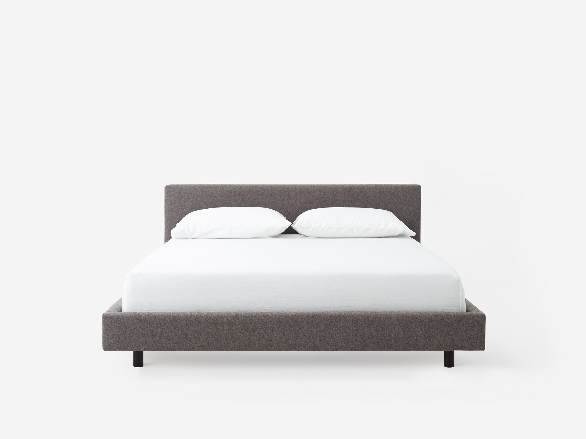 Front view of the Bento platform bed frame in grey fabric