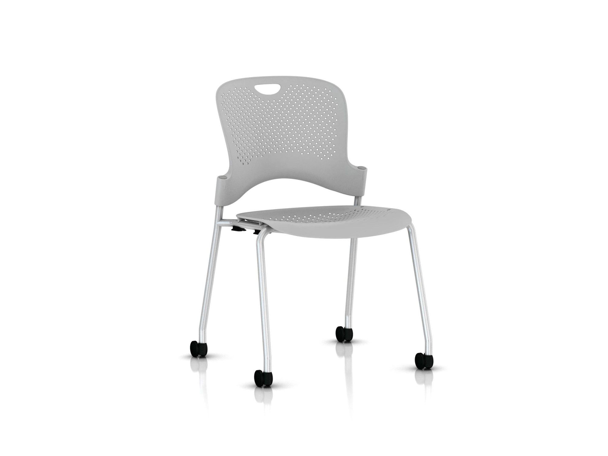 White stackable hard floor braking caster chair front angle view