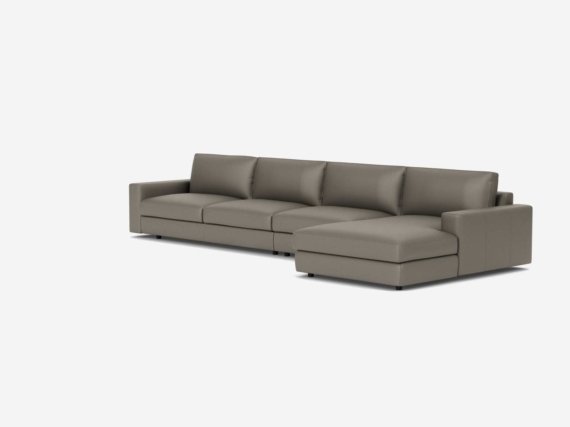 Corner view of the modular sofa in grey leather with right hand chaise