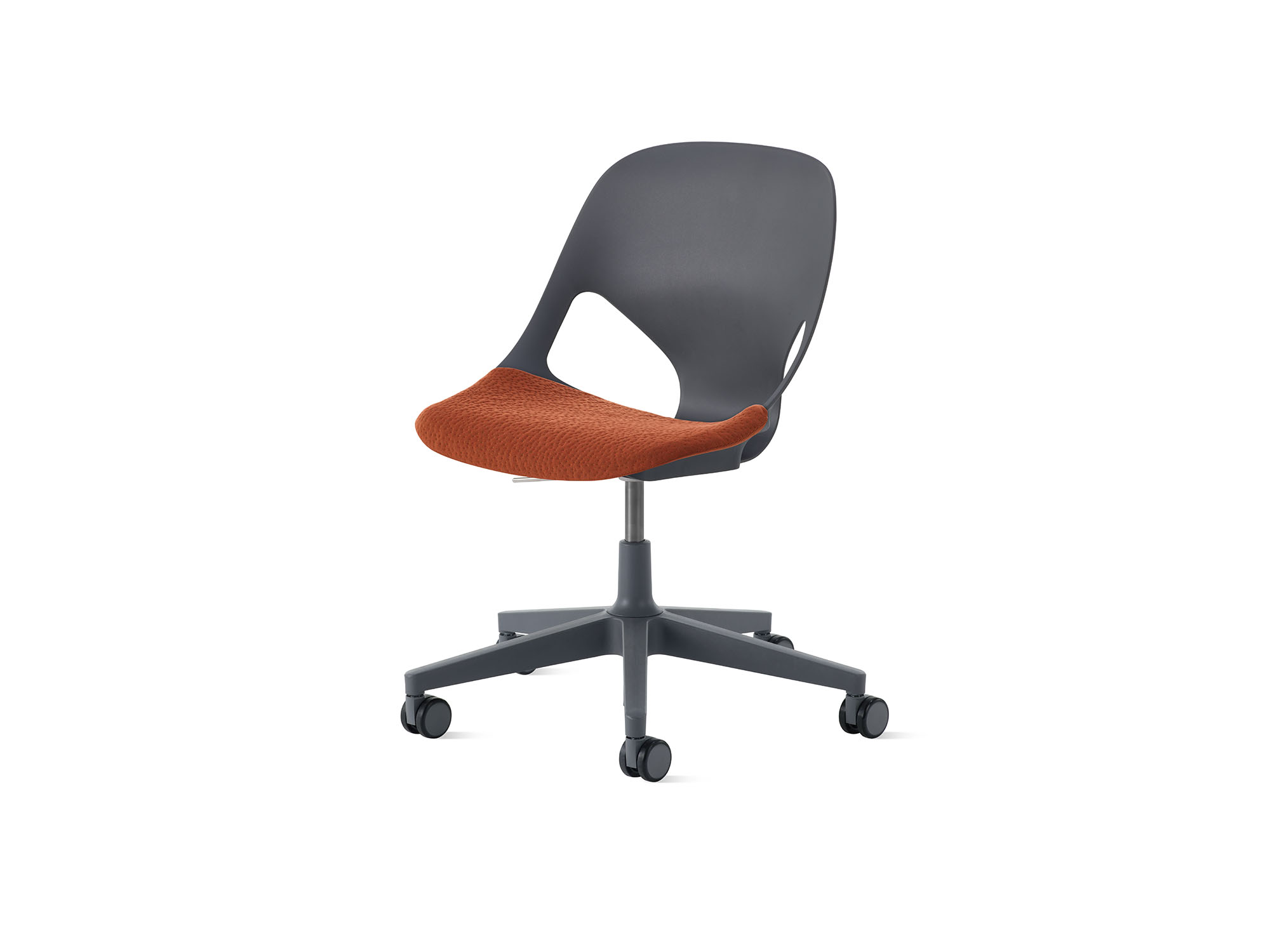 Carbon Zeph Side Chair with cayenne cushion front angle view
