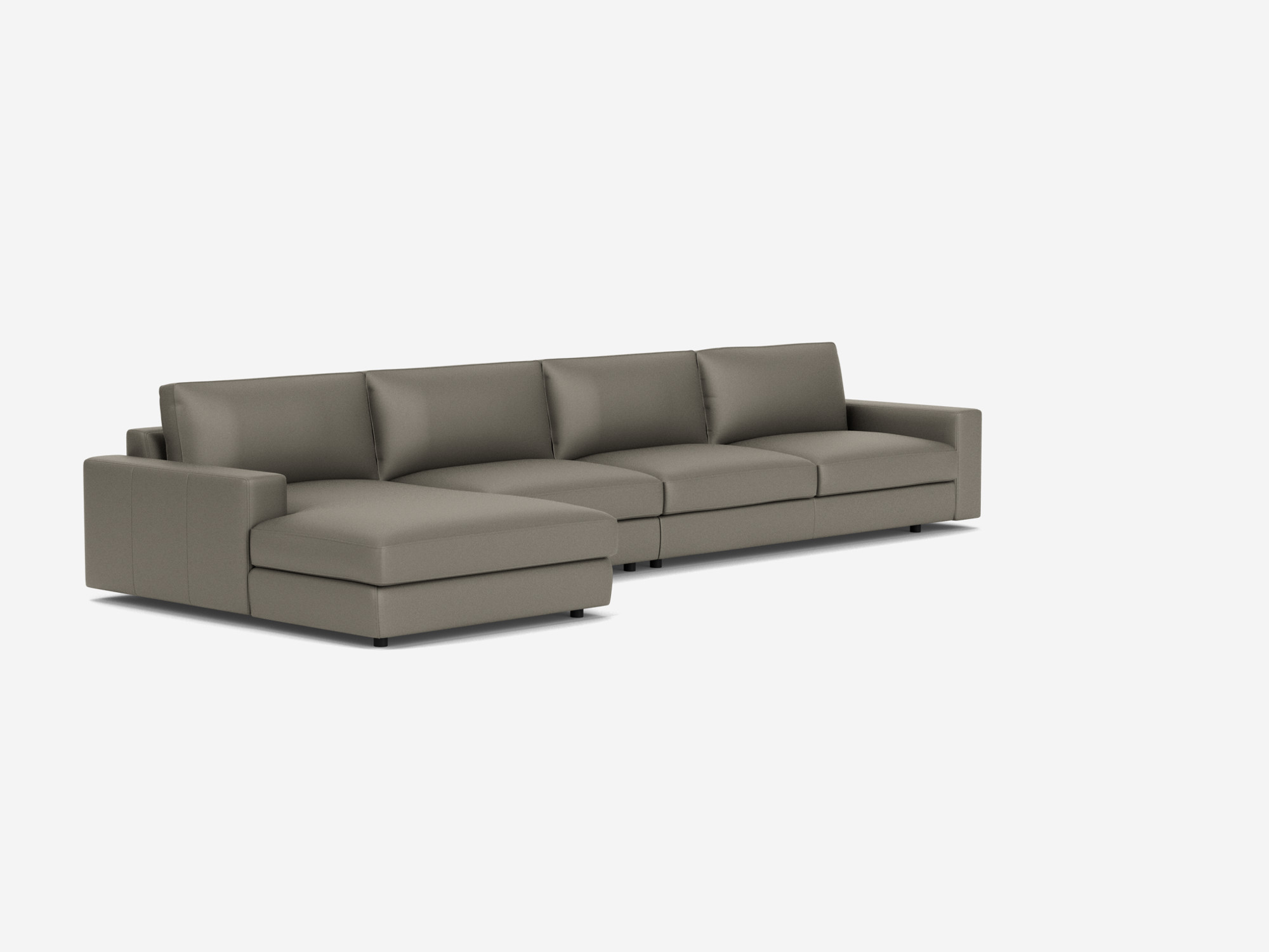 Corner view of the modular sofa in grey leather with left hand chaise