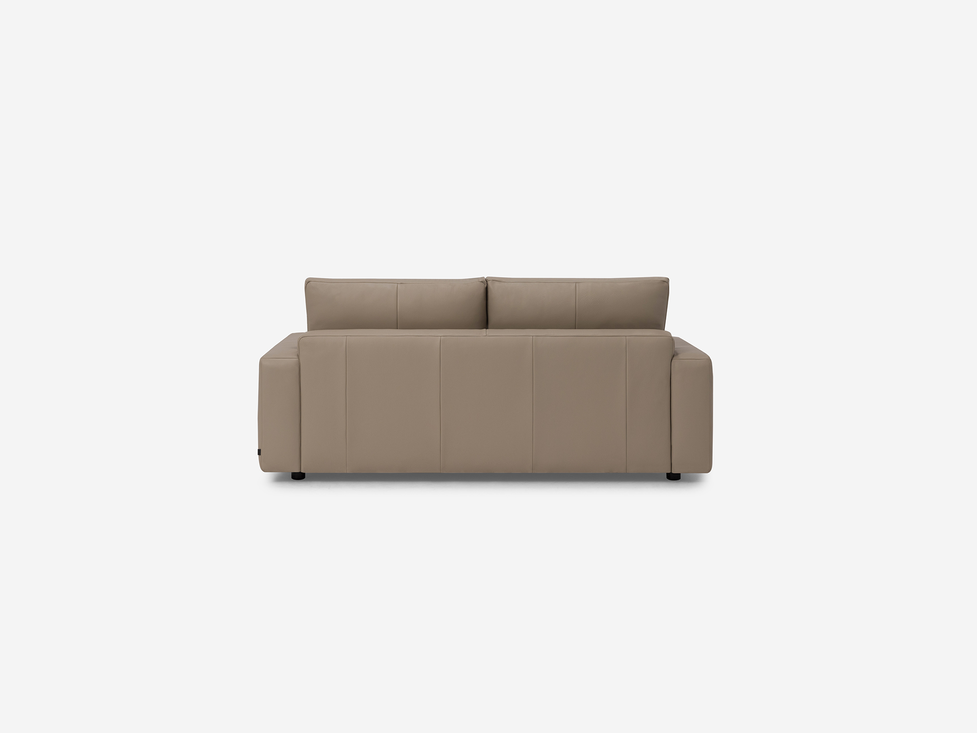 Back view of grey leather loveseat with narrow arms