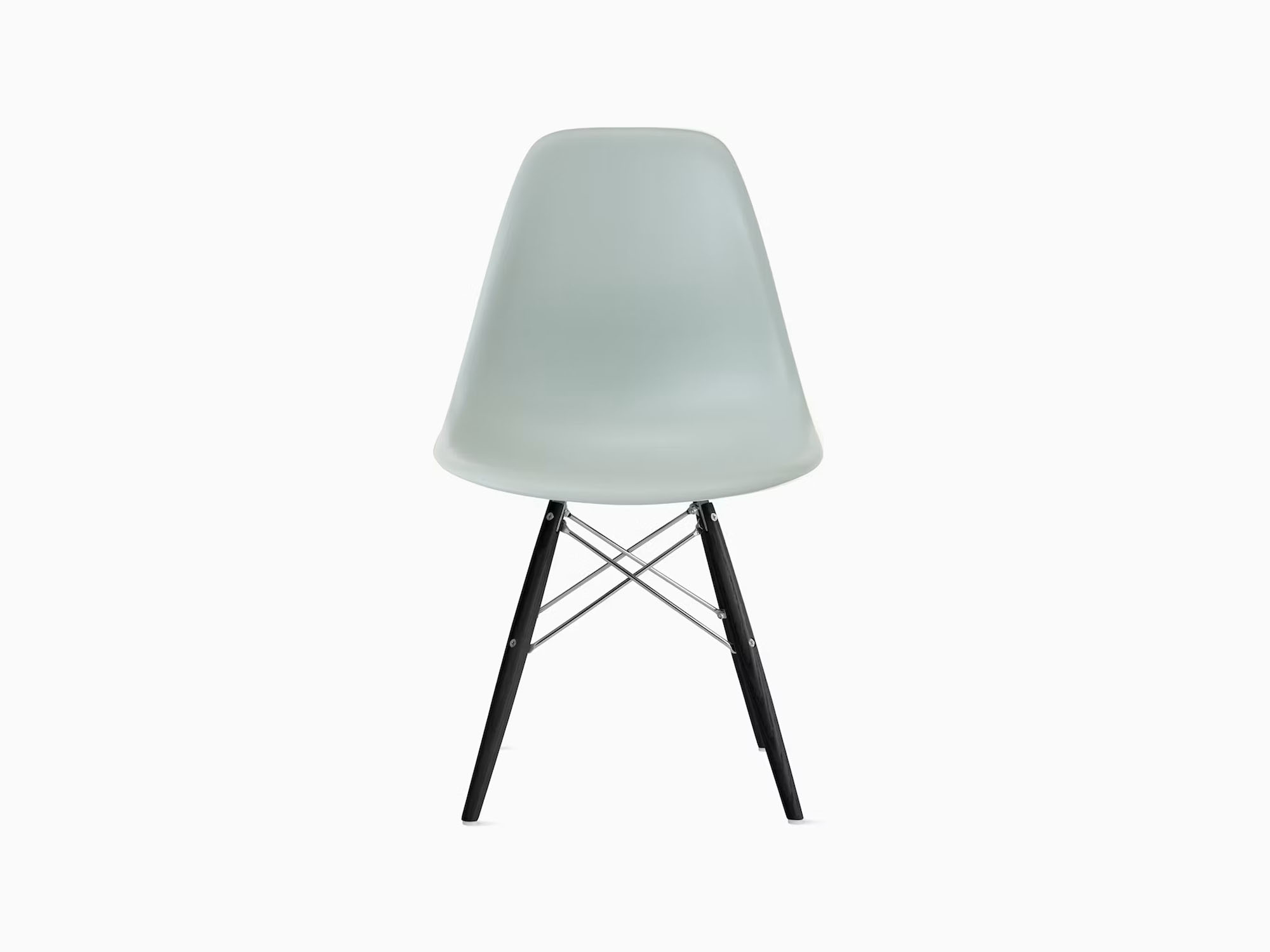 Front view of ice blue plastic chair with black dowels