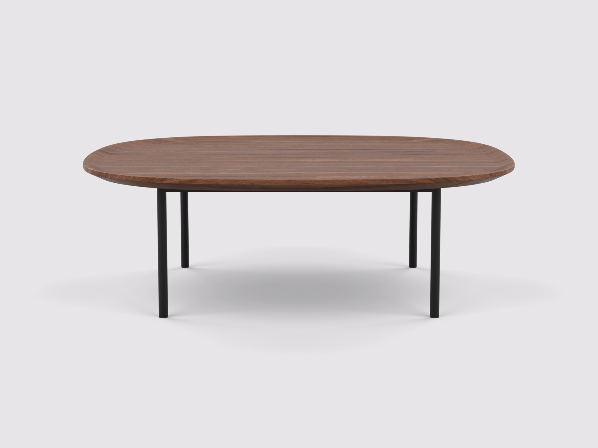 Front view of walnut top square coffee table with black legs