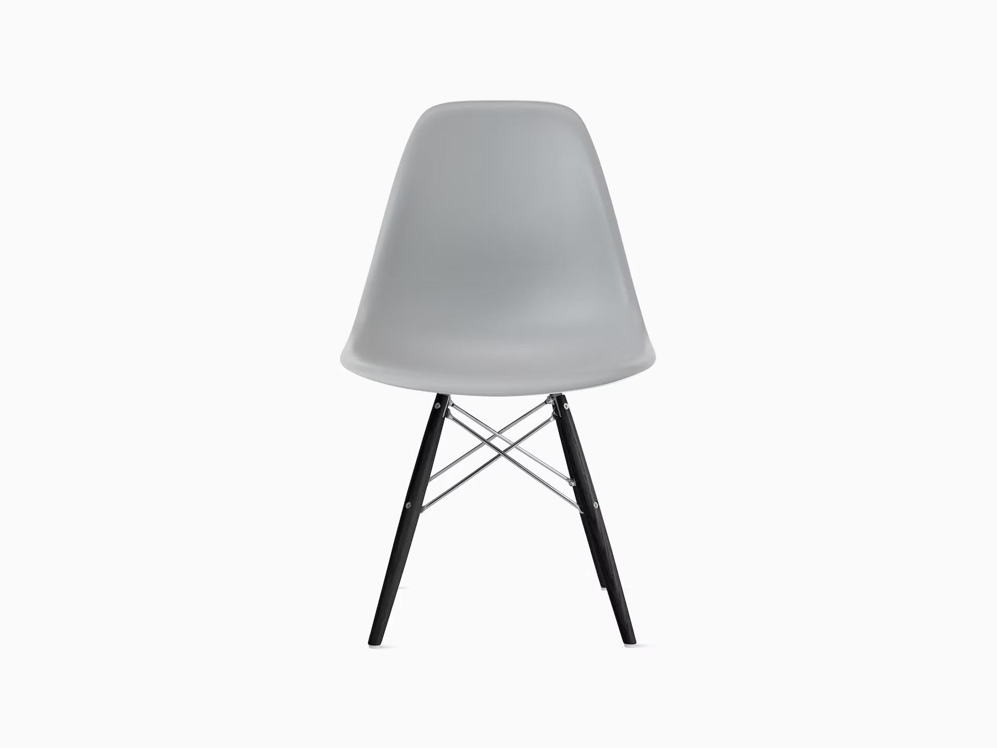 Front view of light grey plastic chair with black dowels