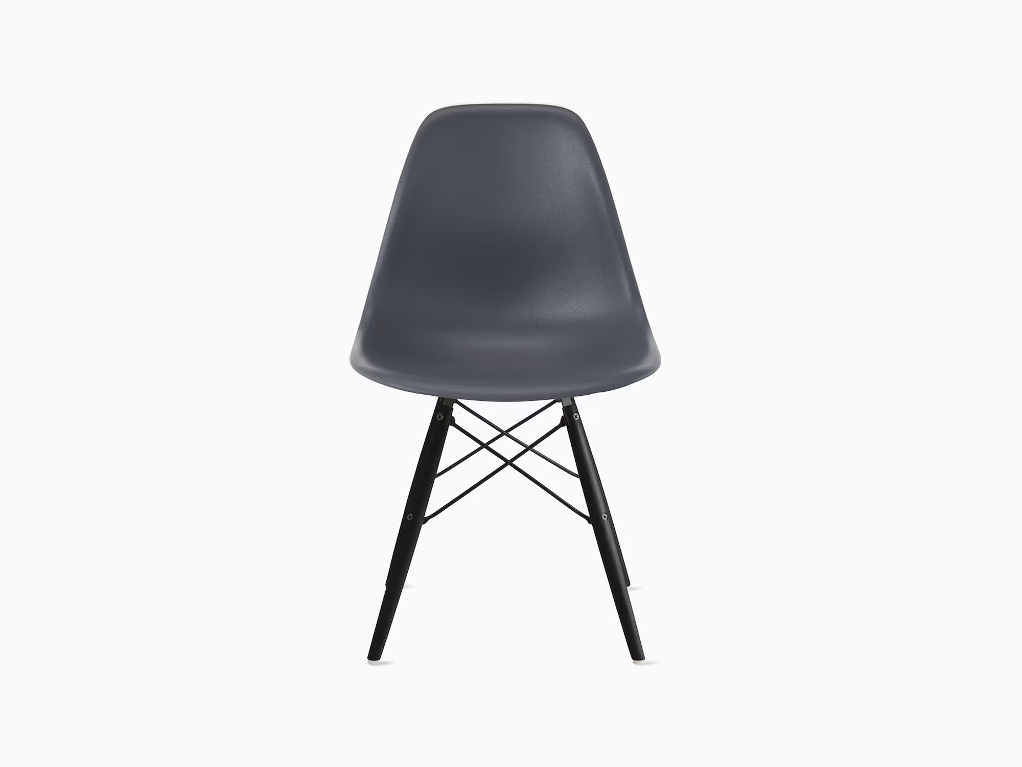 Front view of dark grey plastic chair with ebony dowels