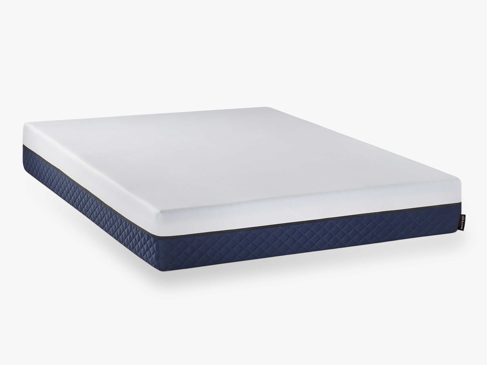 Angled view of memory foam mattress with blue side and white top