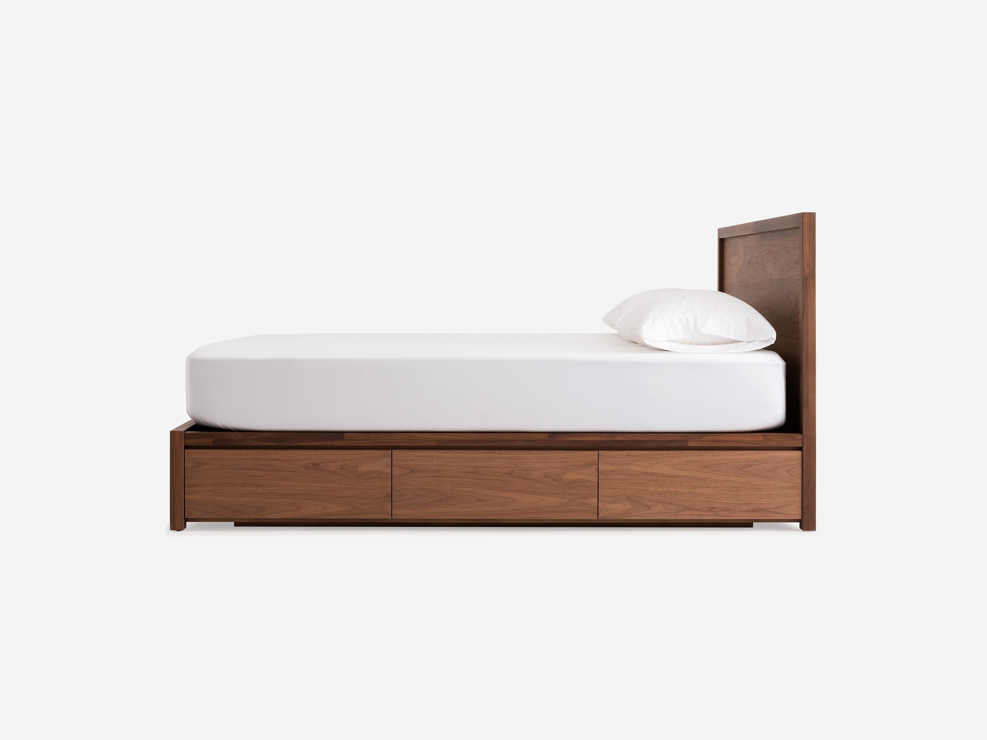 Side view of modern walnut Marcel drawer storage bed in set of 6 drawers 