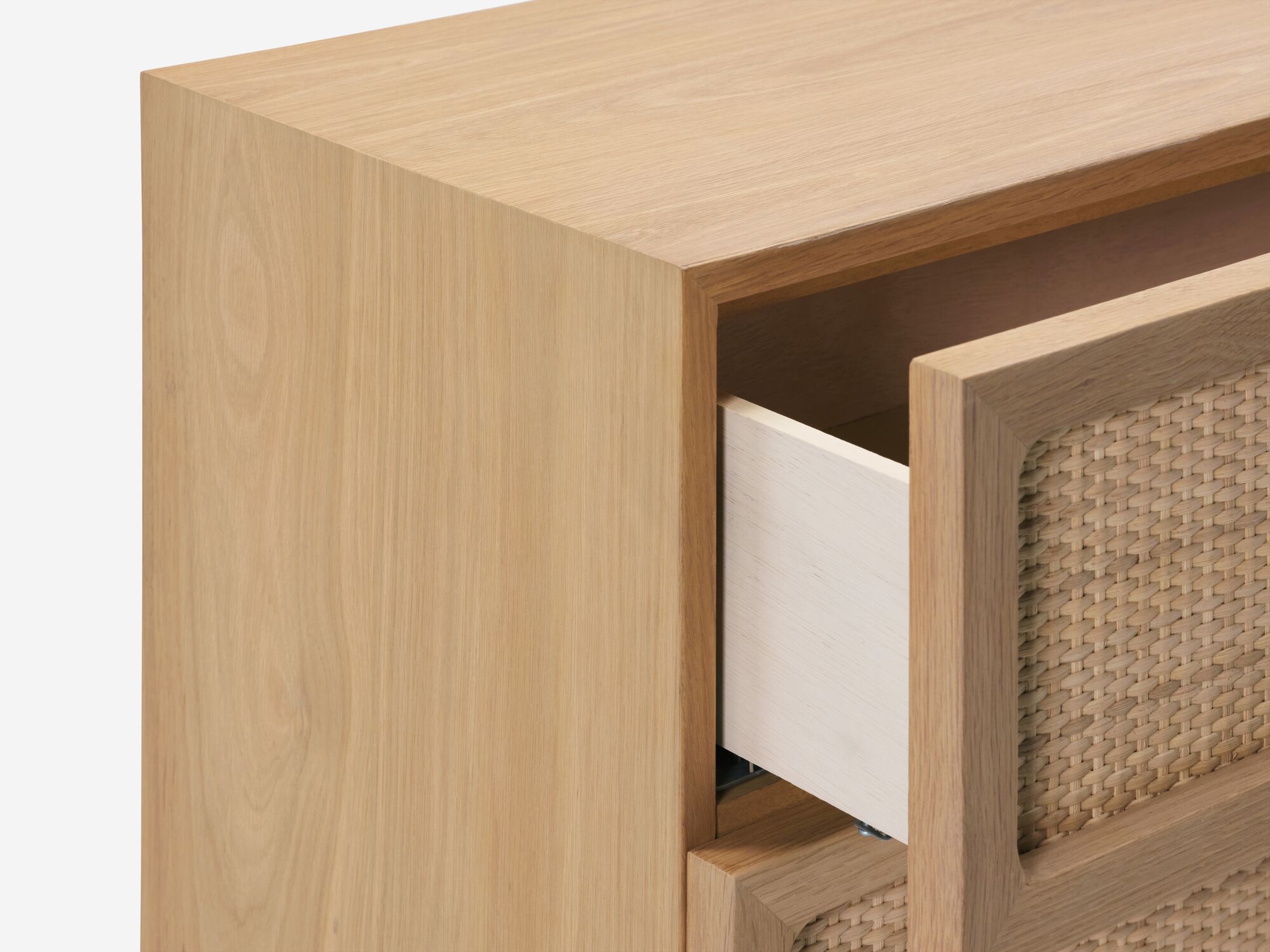 Oak chest with woven drawer fronts drawer open detail view