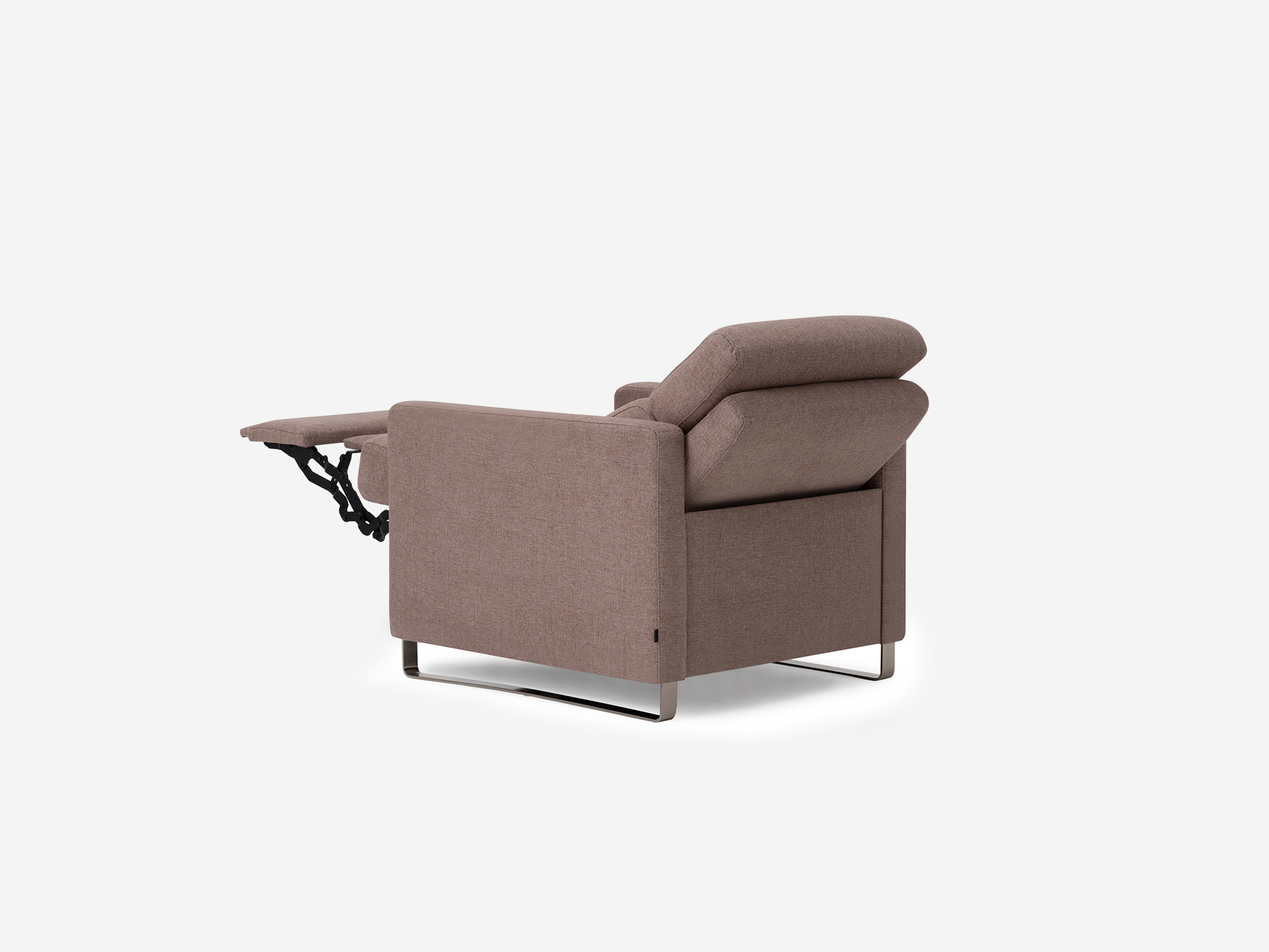 Back angle view of the Lawrence recliner chair in grey fabric fully reclined