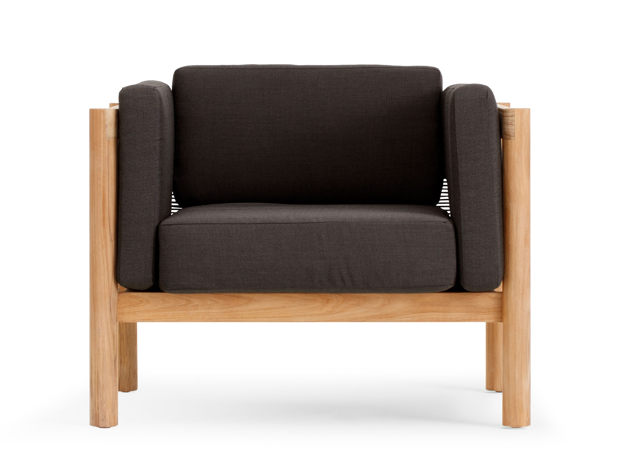 Front view of outdoor armchair with black cushions and wood legs