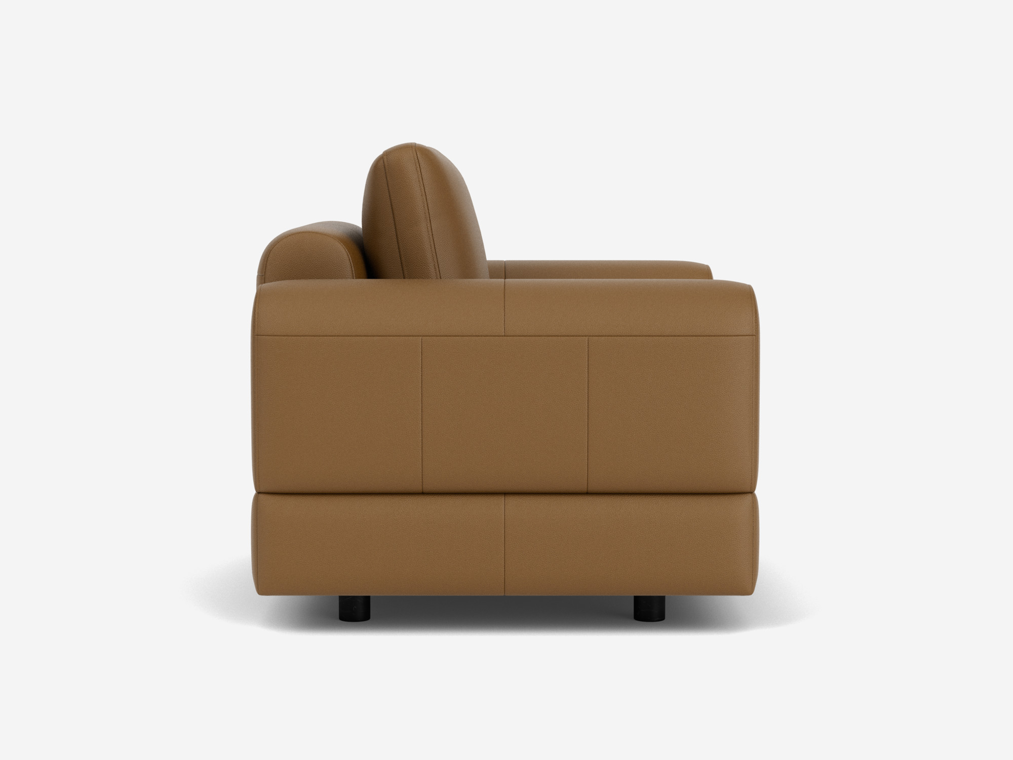 Left side view of brown leather armchair