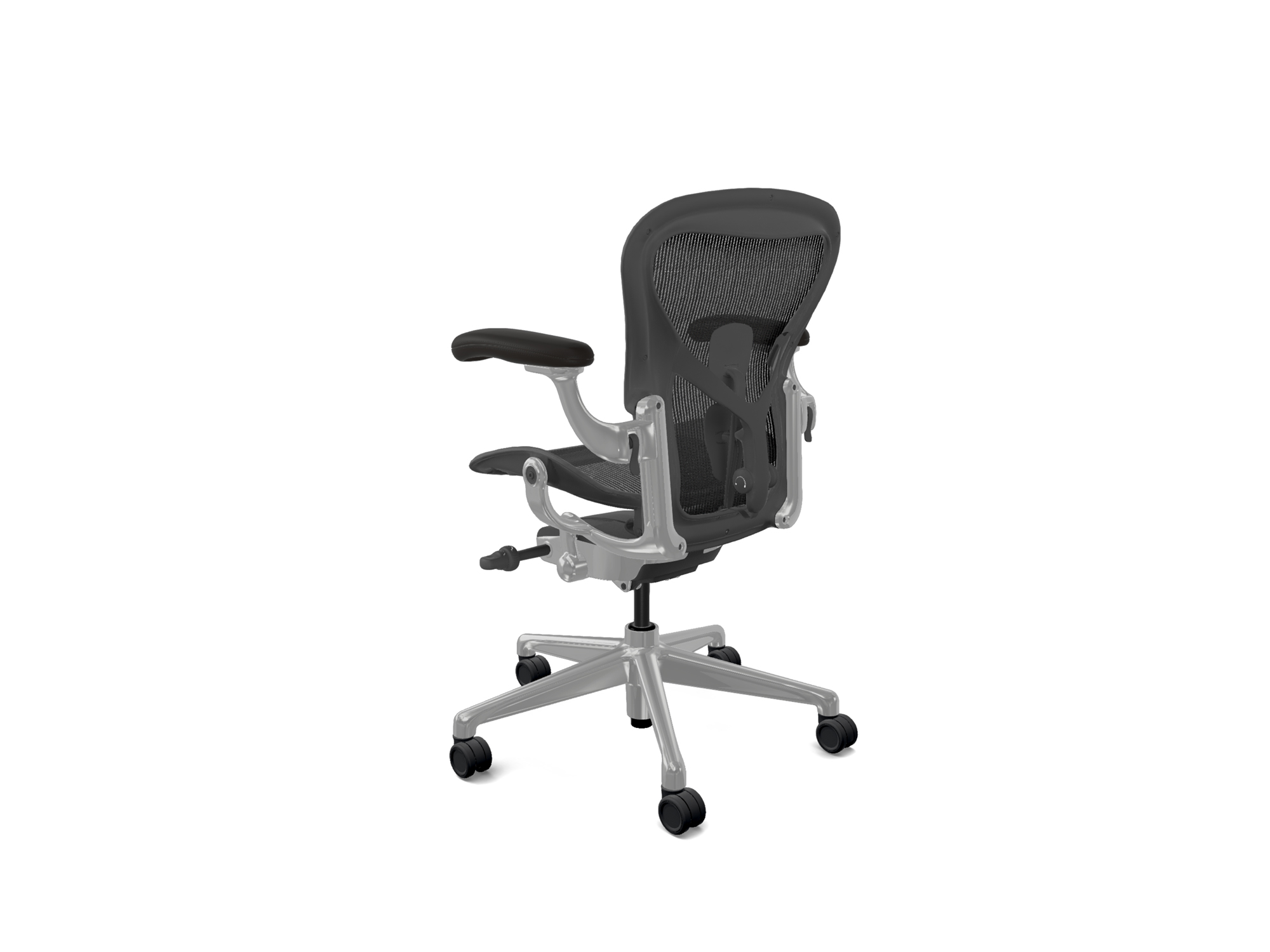 Front right corner view of the Aeron upgraded Herman Miller office chair in Graphite with polished base