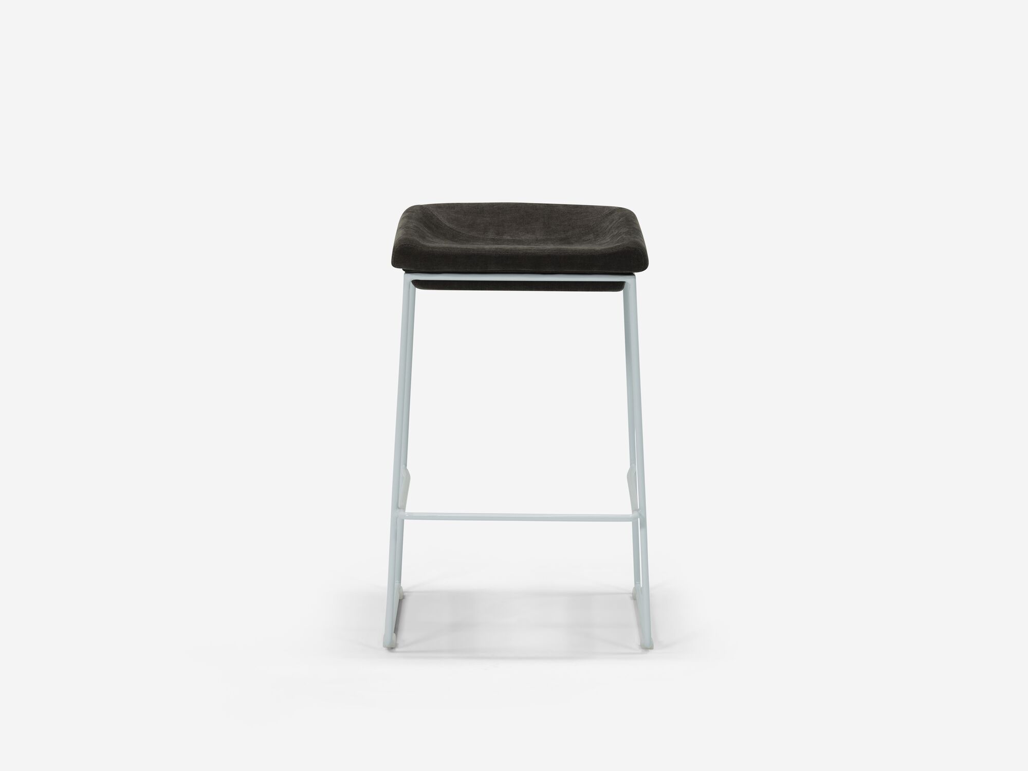 Front view of counter stool with black seat and white legs