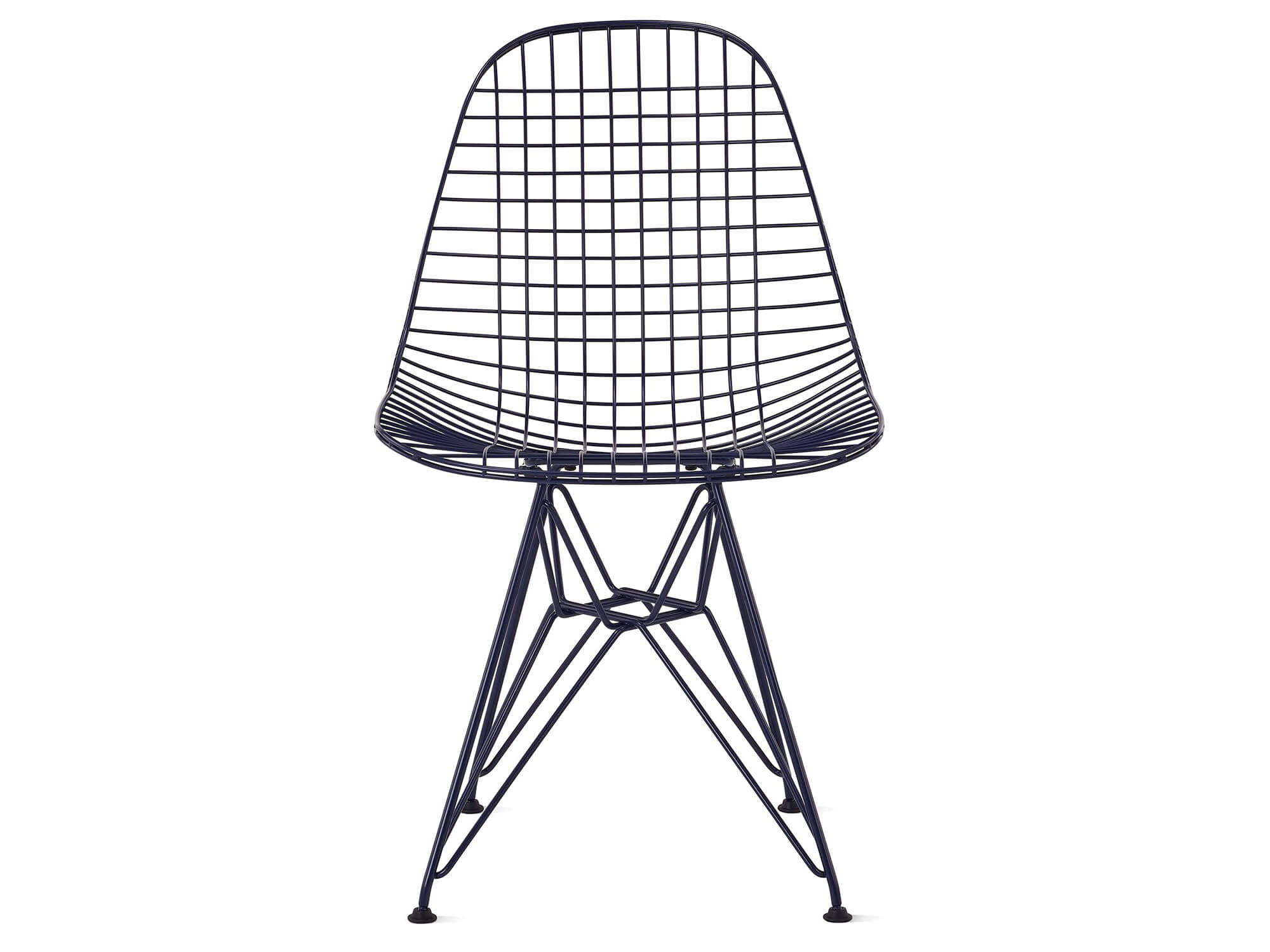 Front view of black blue wire chair with wire base