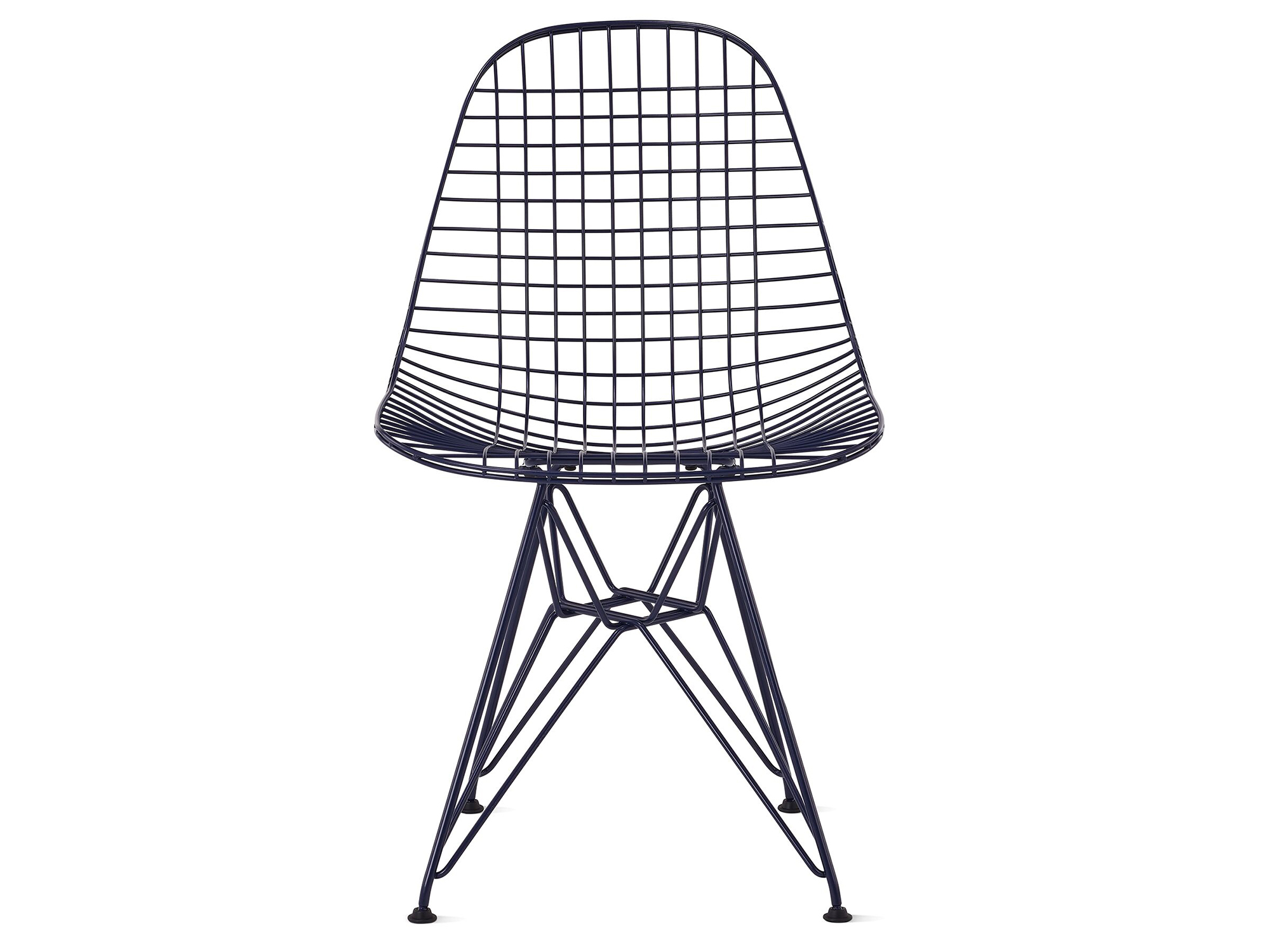 Front view of black blue wire chair with wire base