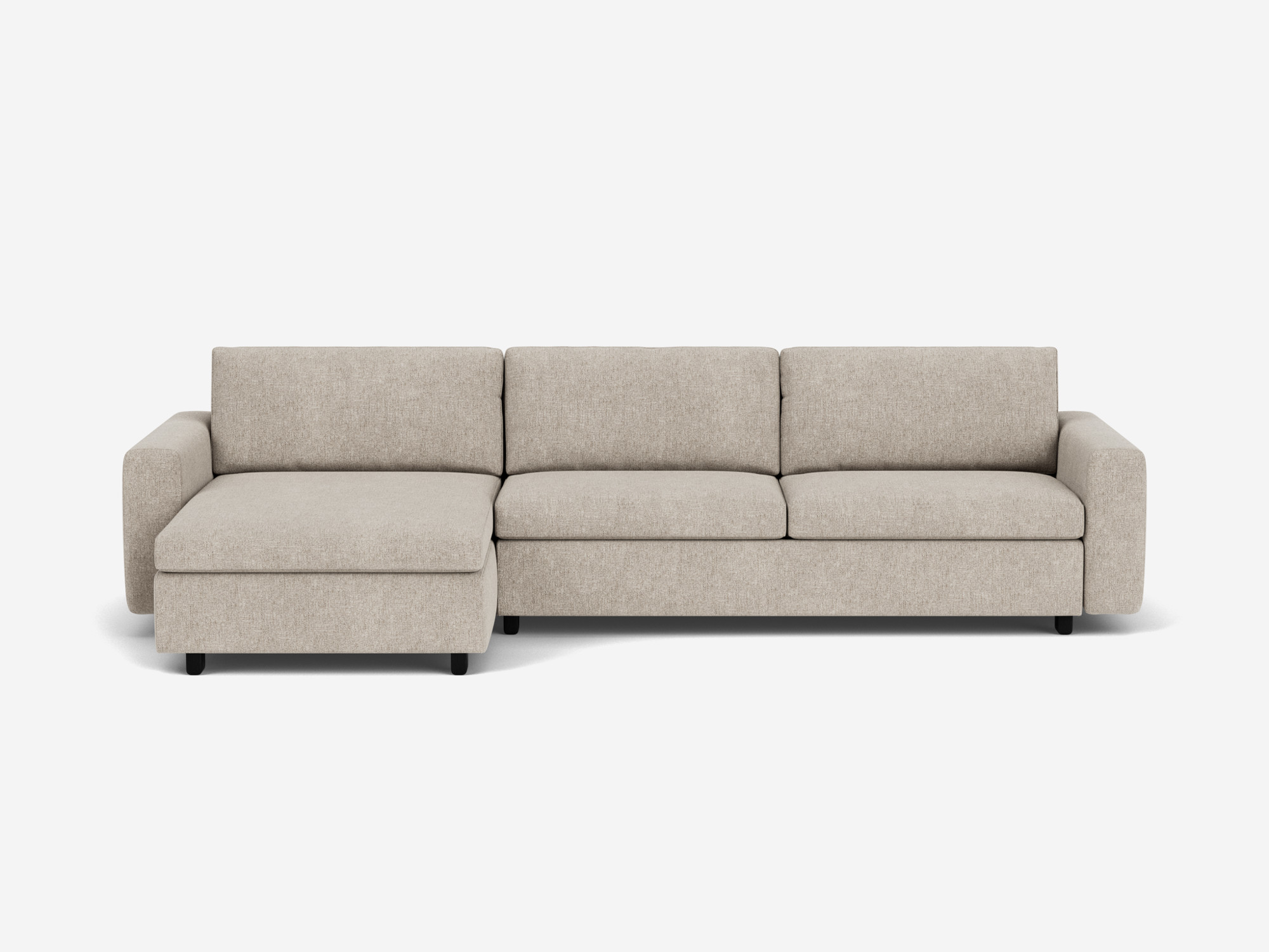 Front view of the beige fabric Reva modern sectional with left hand facing chaise