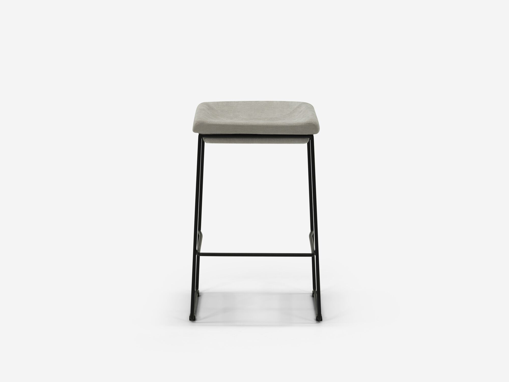 Front view of counter stool with grey seat and black legs