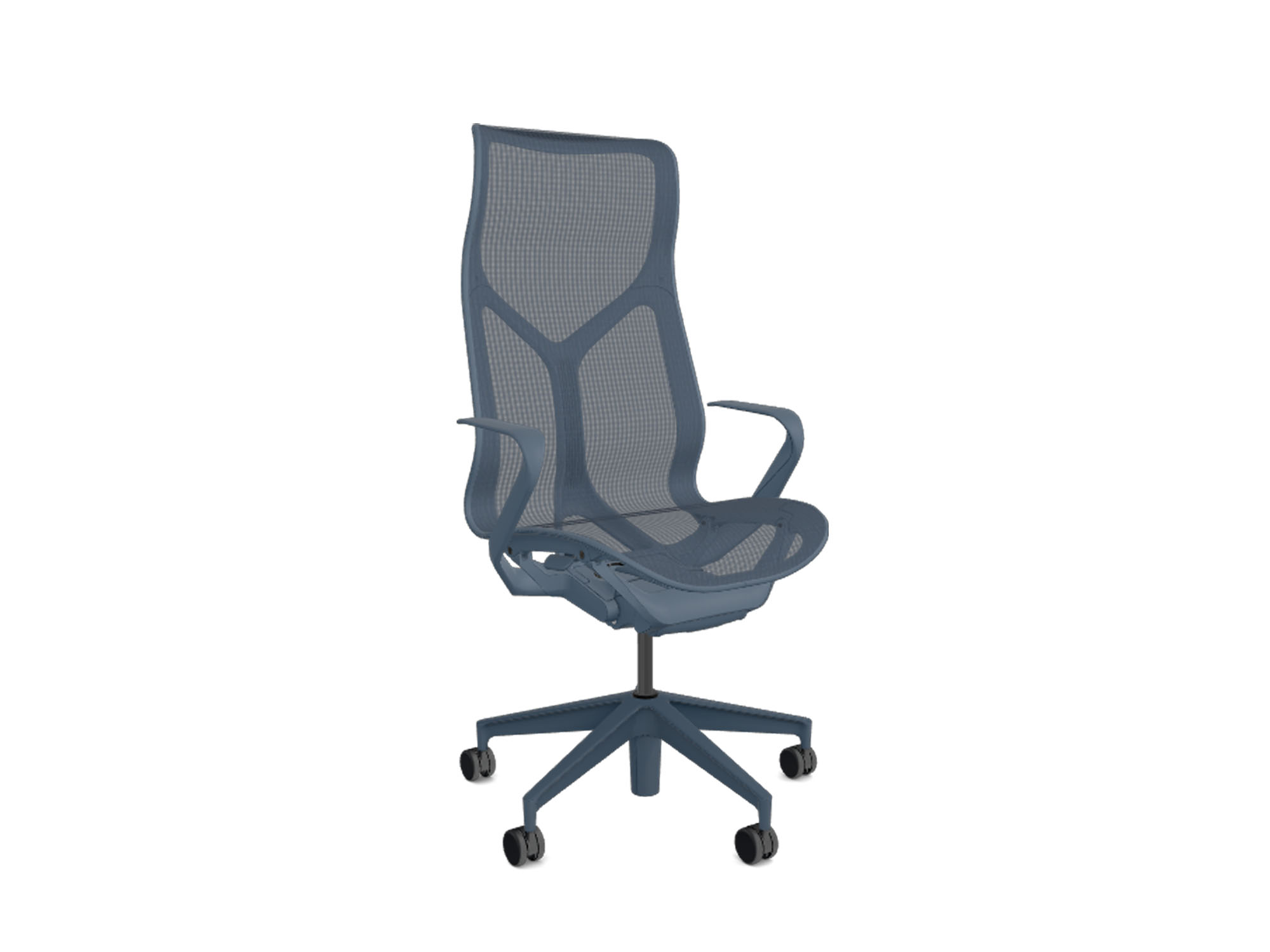 Front angle view of high back dark blue cosm ergonomic office chair