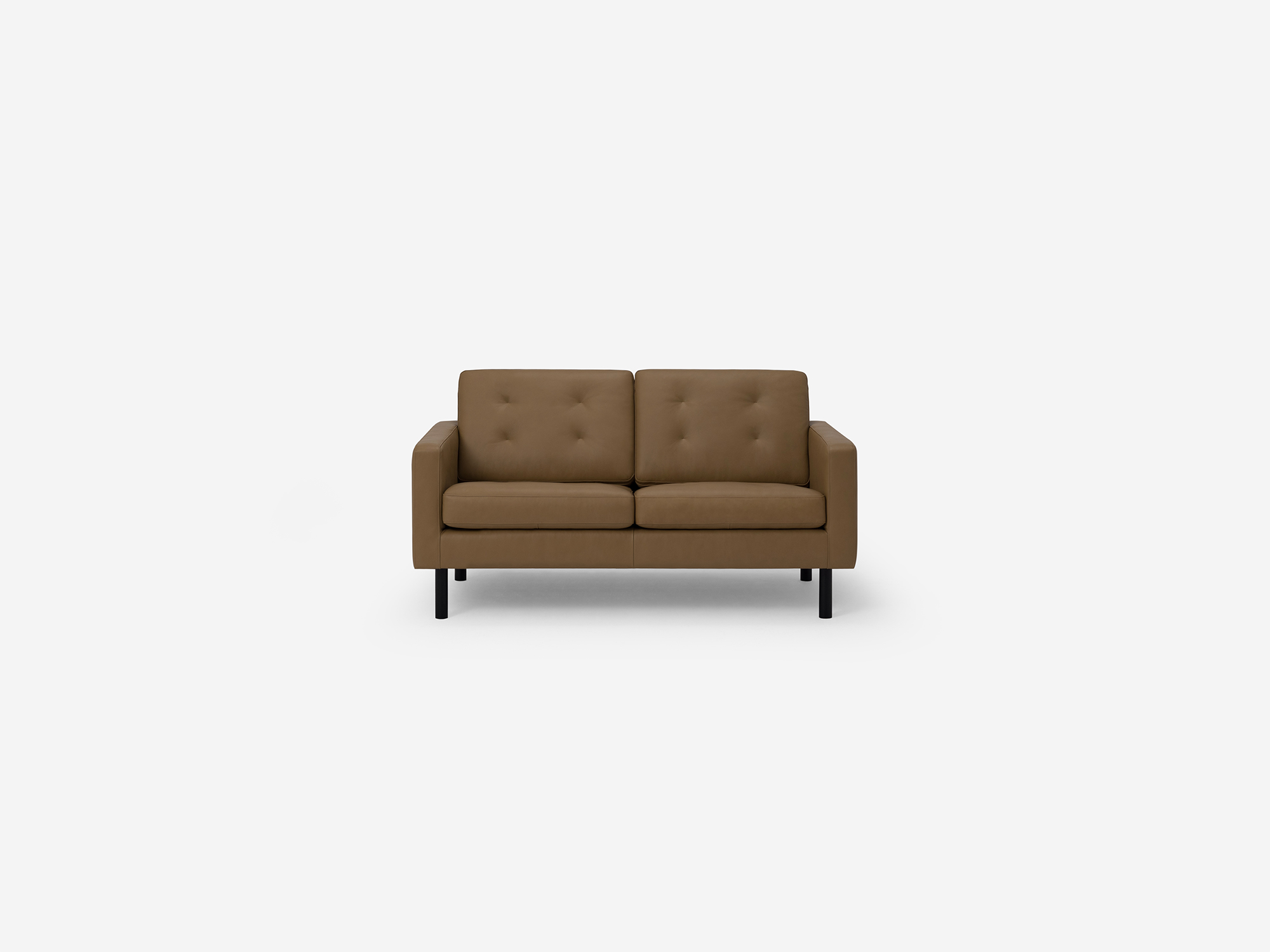 Front view of the Joan loveseat in brown leather