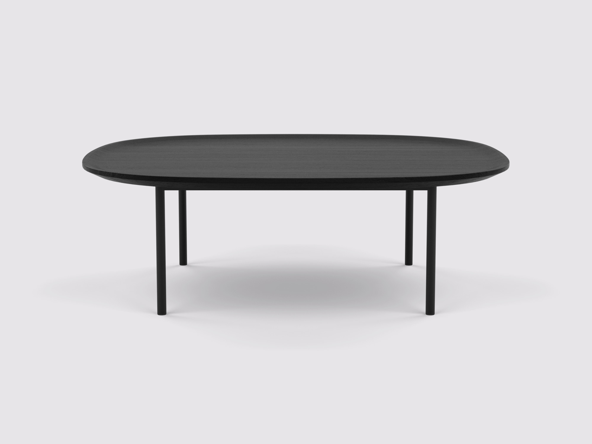 Front view of black oak top square coffee table with black legs