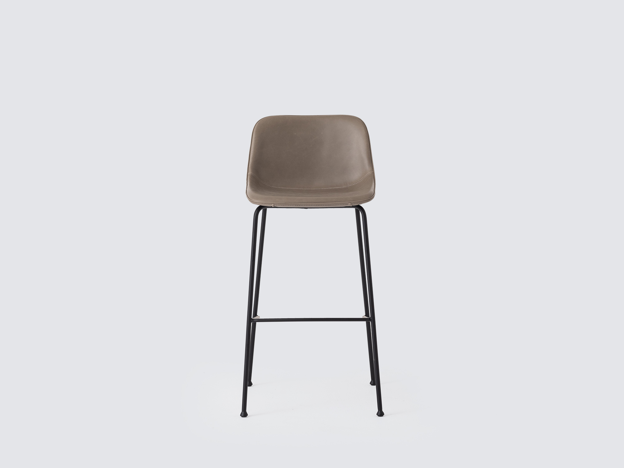 Front view of the Oles counter height bat stool with grey leather seat