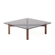 Glass and walnut coffee table front angle view