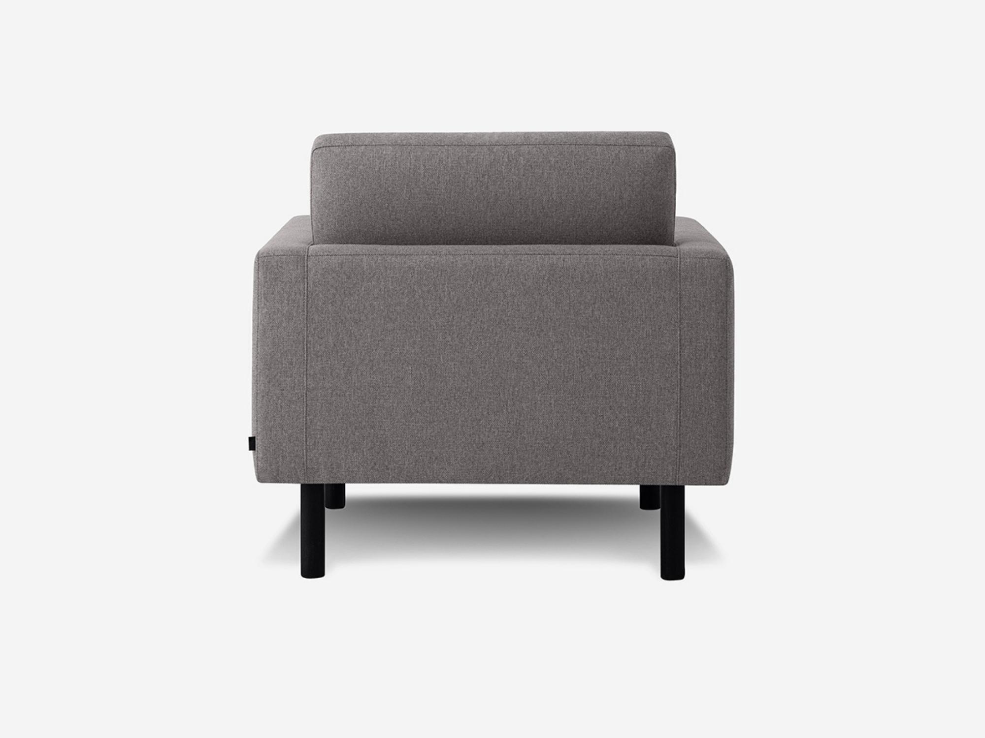 Back view of the Joan contemporary chair upholstered in grey fabric