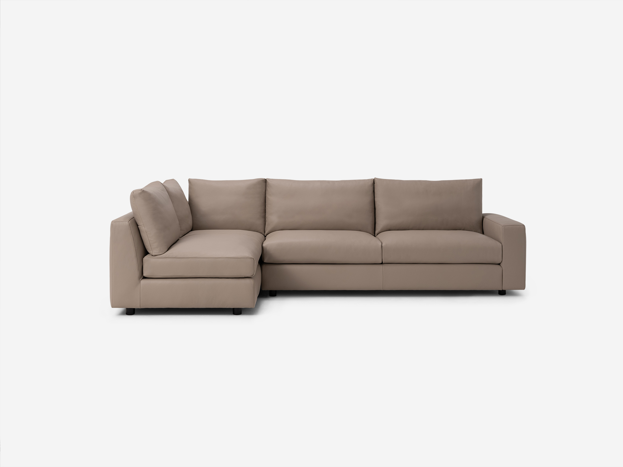 Front view of the Cello Plush sectional in grey leather with left hand full arm chaise