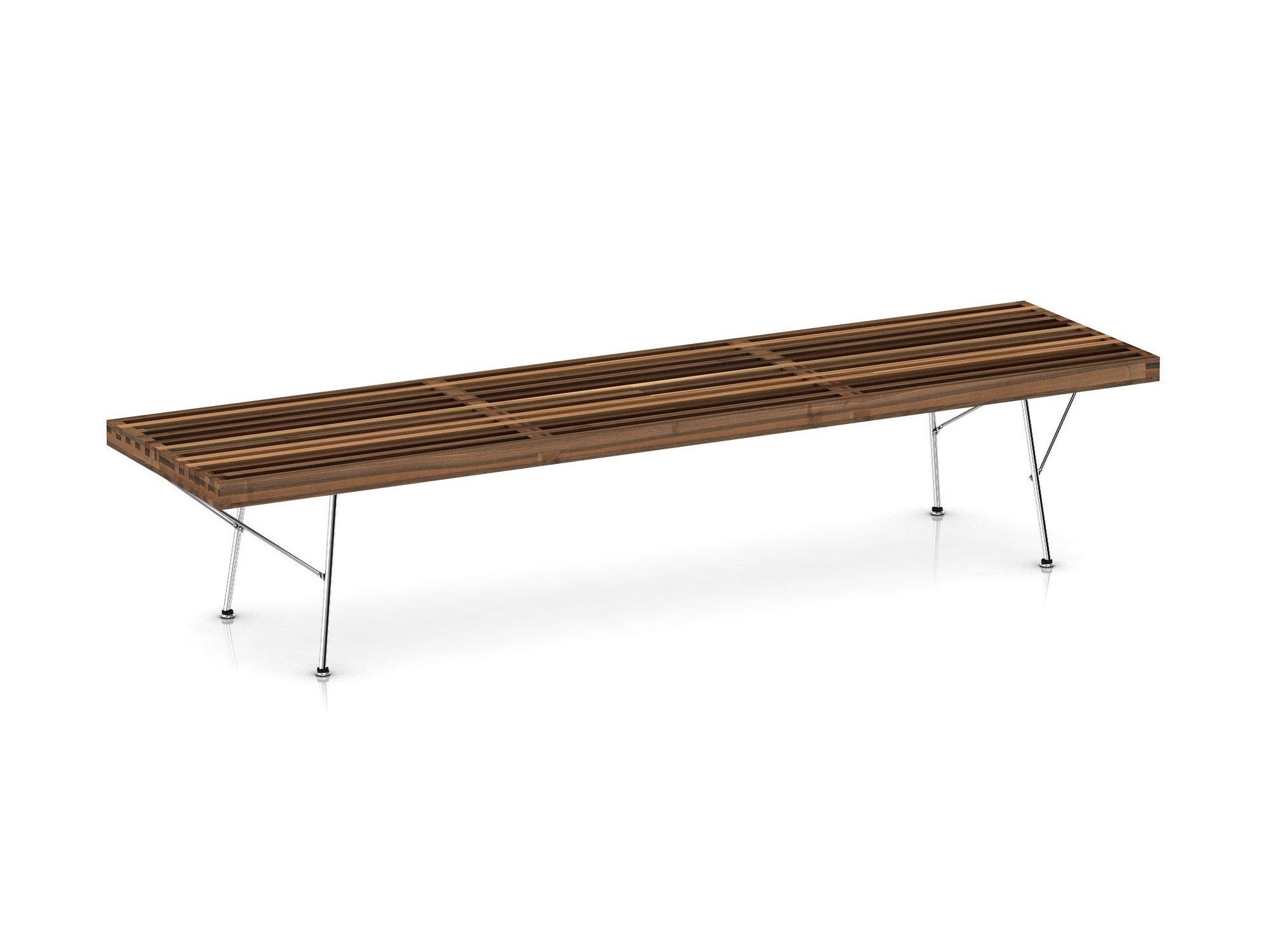 Left angle view of large walnut bench with chrome legs