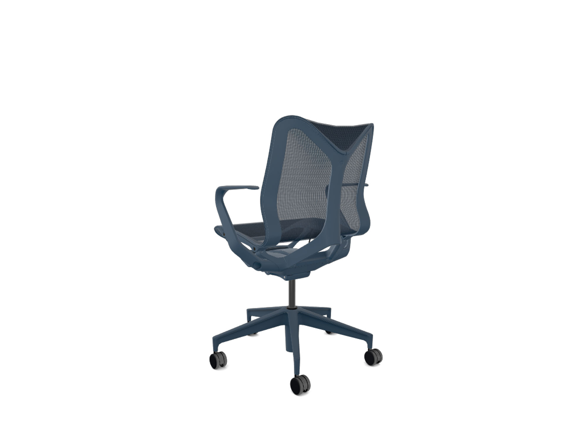 Low back dark blue cosm ergonomic office chair back angle view