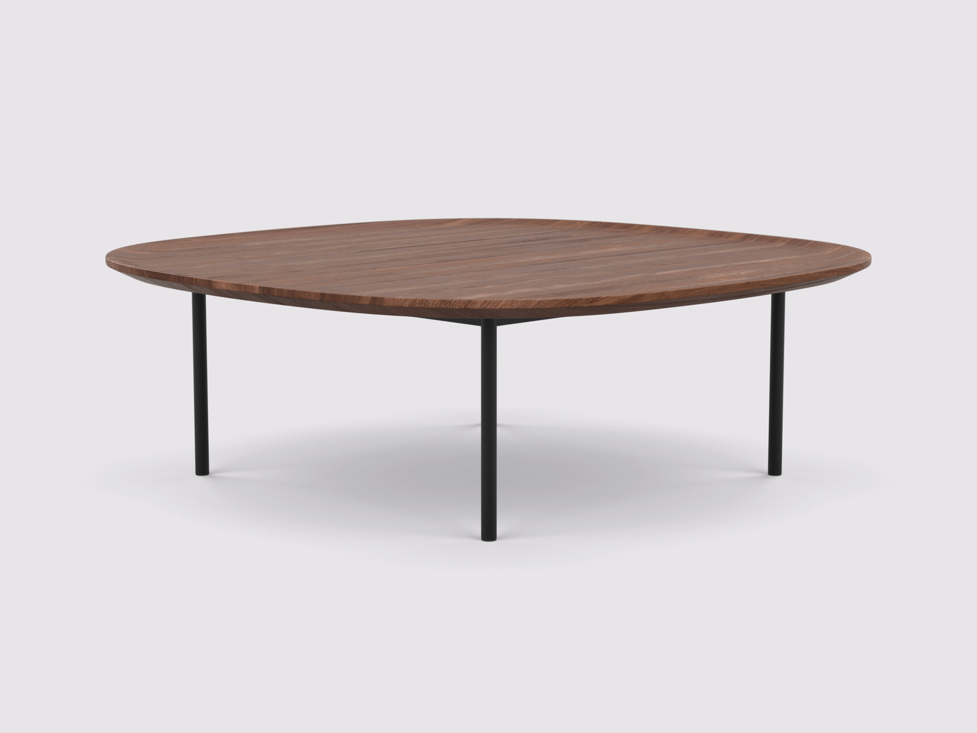 Walnut top square coffee table with black legs front angle view