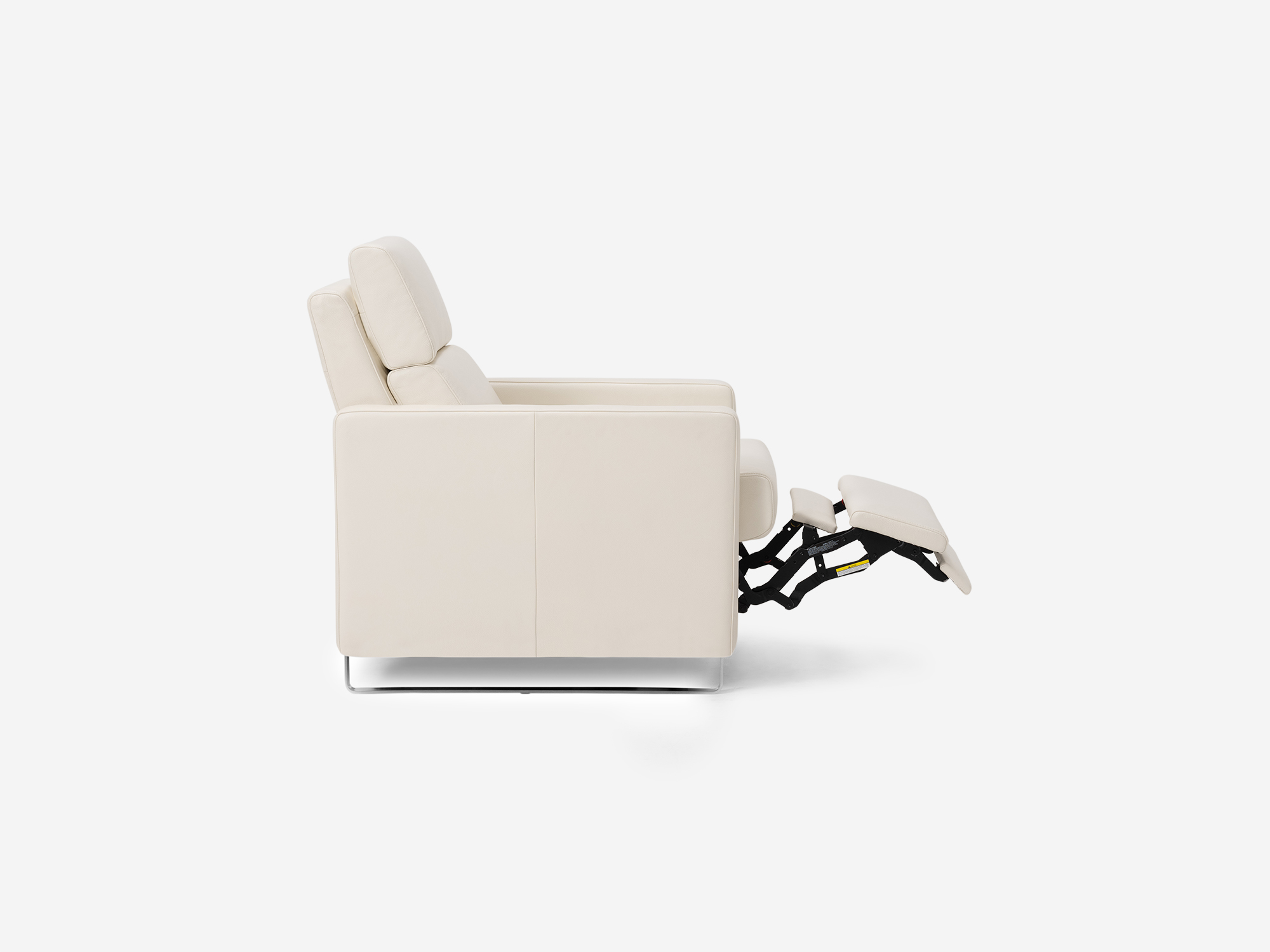 Side view of the Lawrence recliner chair in white leather partially reclined