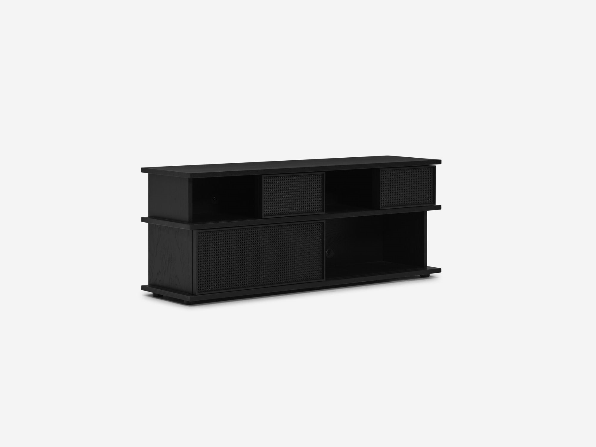 Front angle view of tall black oak media unit with open doors