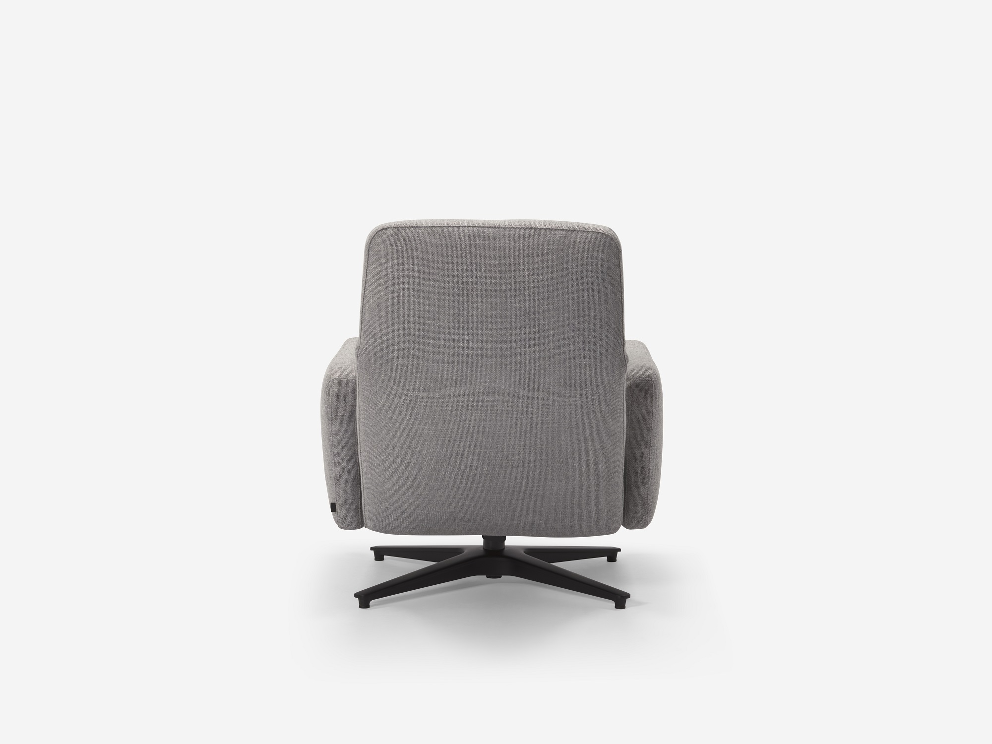 Grey fabric reclining chair with seat reclined back view