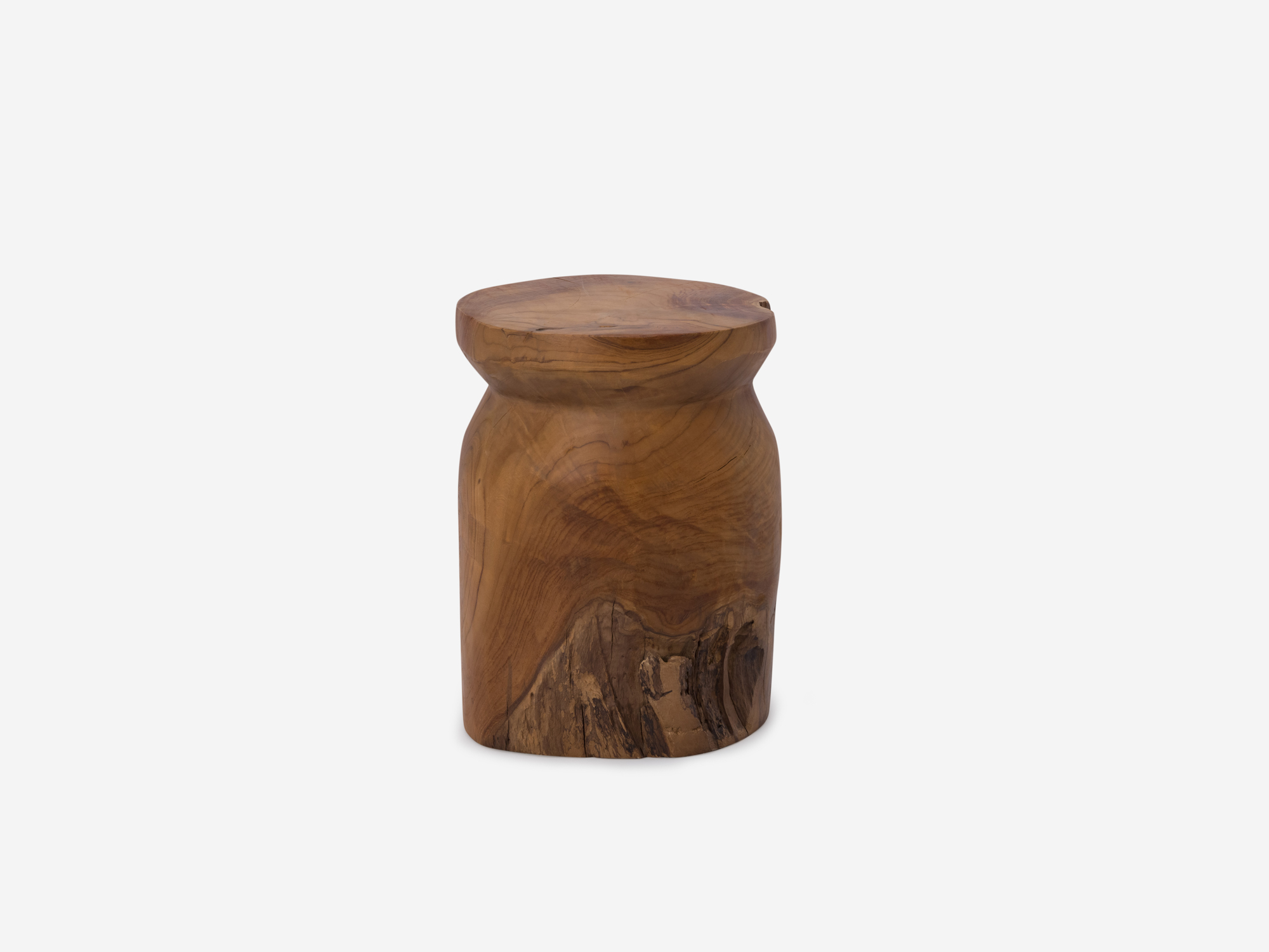 Left side angle view of round solid teak stool