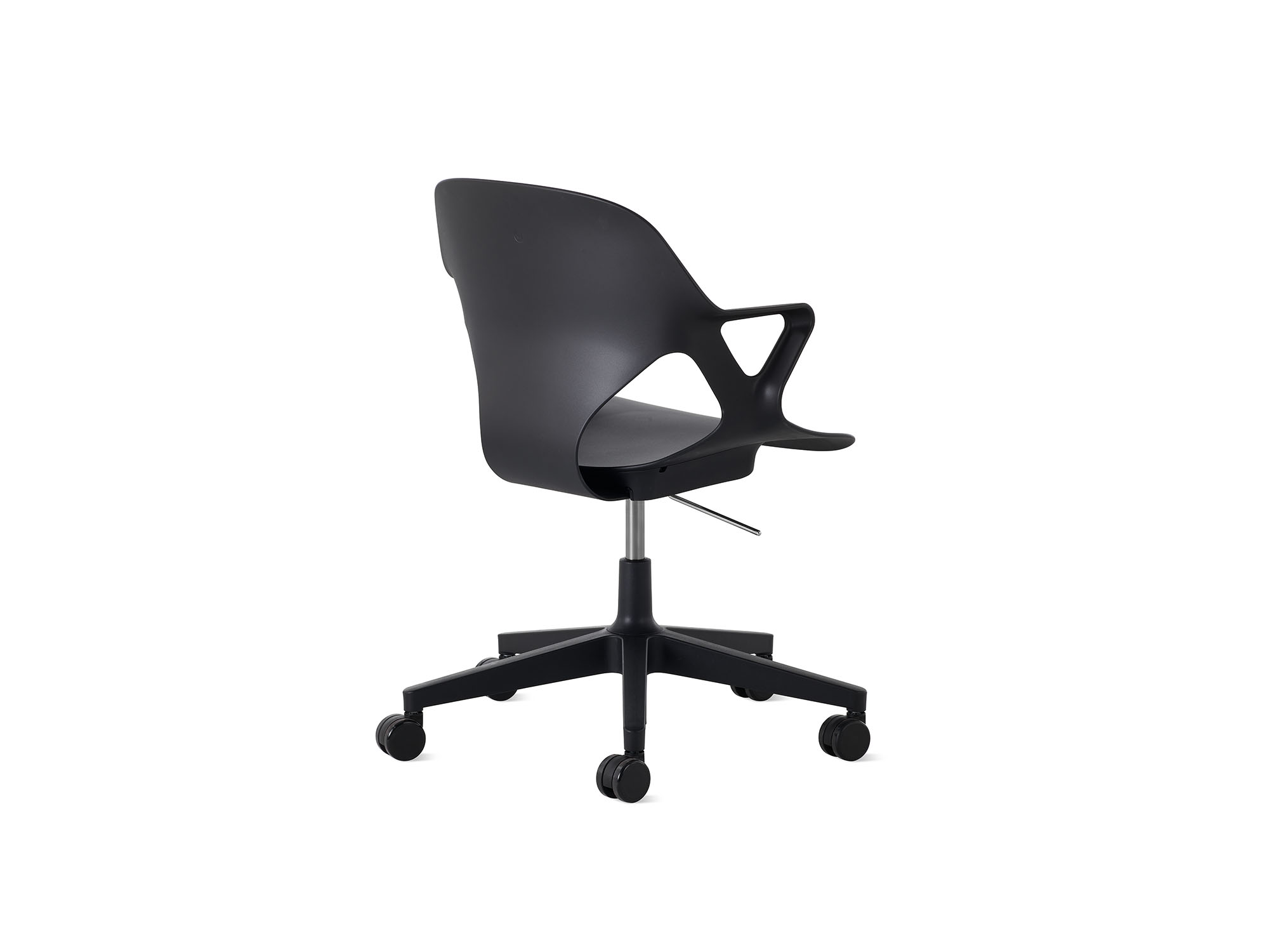 Back angle view of Black Zeph armchair with no cushion