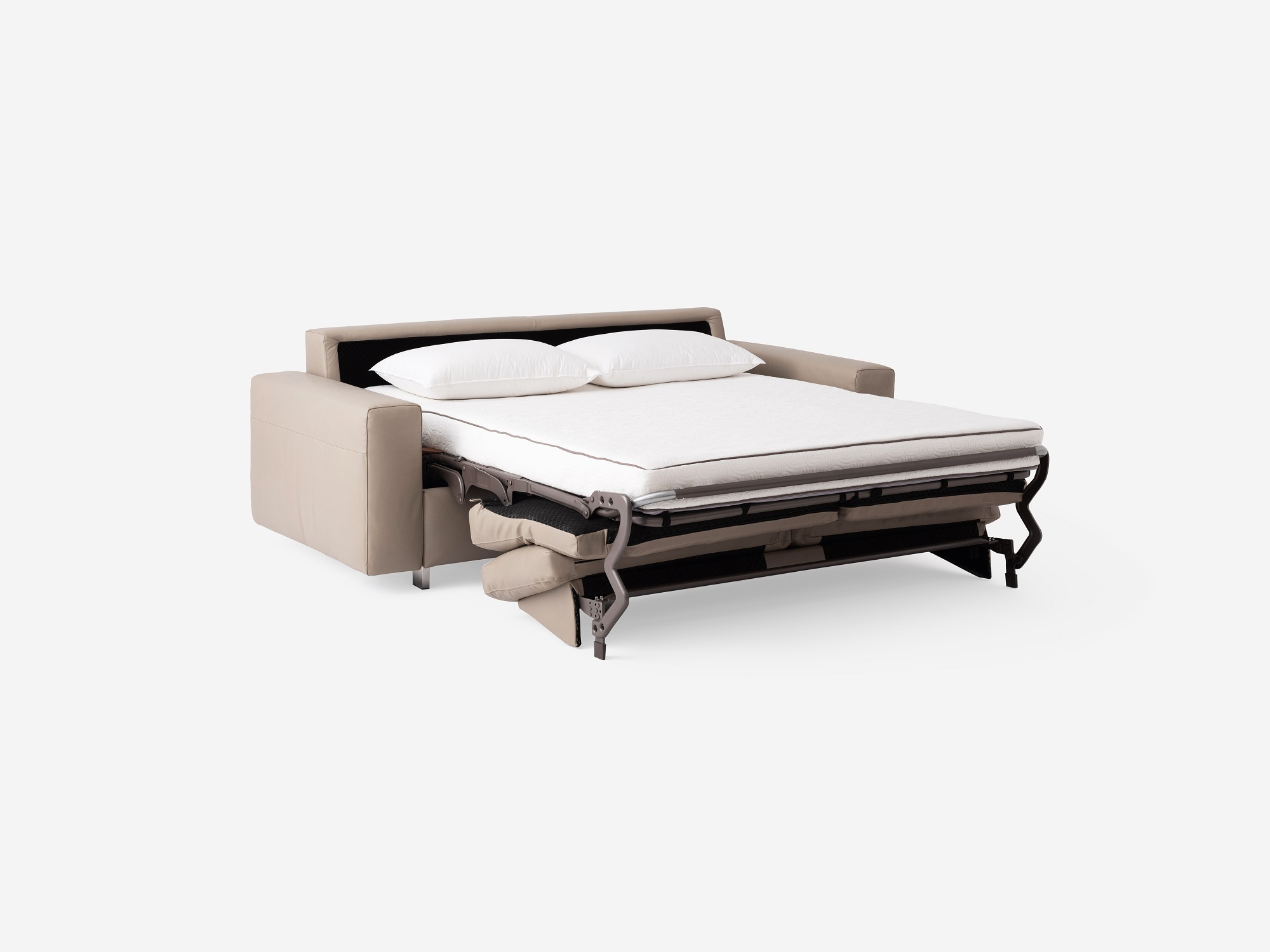 Angled view of the Reva modern sofa bed in beige leather with bed unfolded