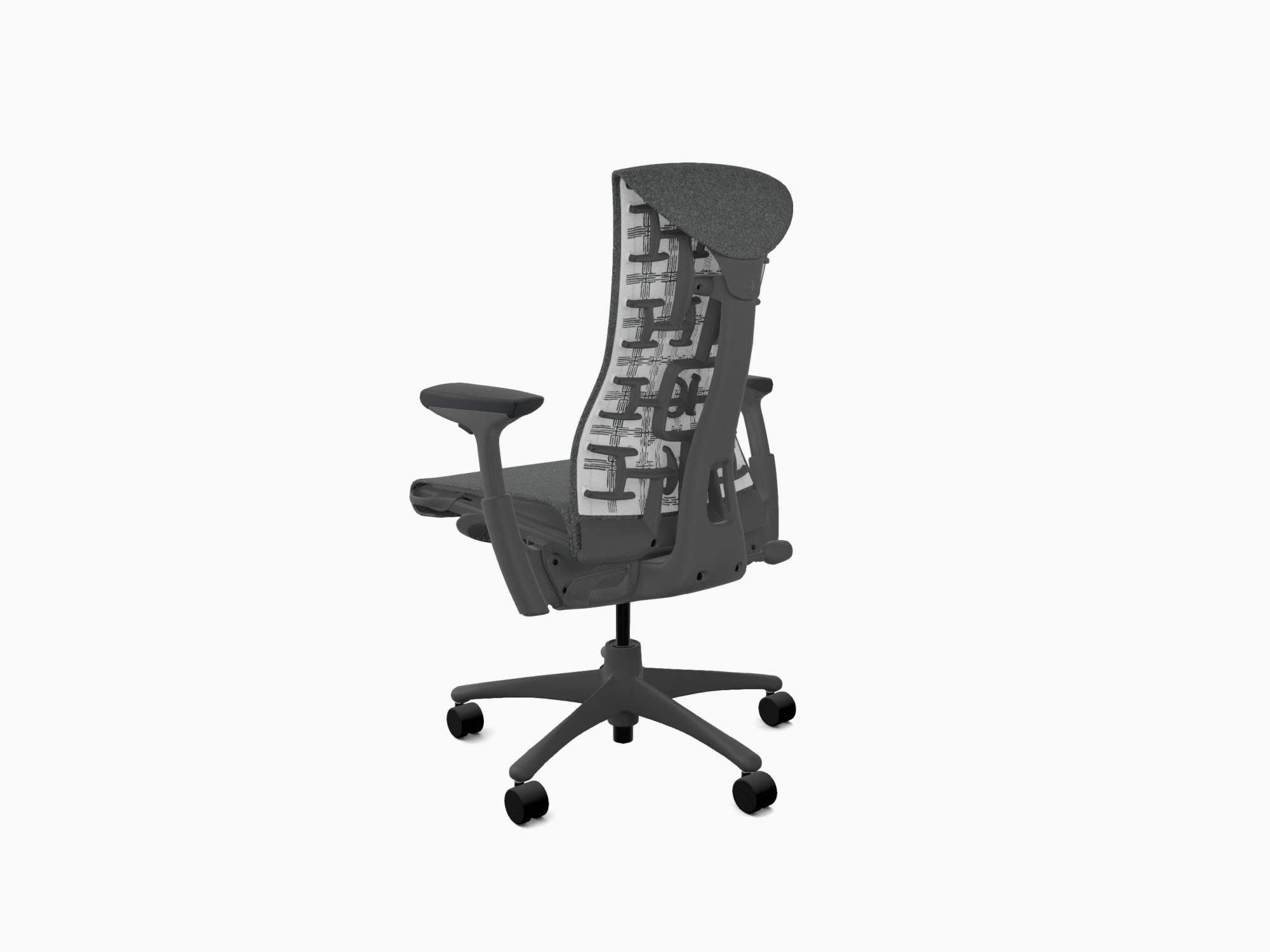 Back angle view of Herman Miller Embody office chair in Sync Dark Carbon