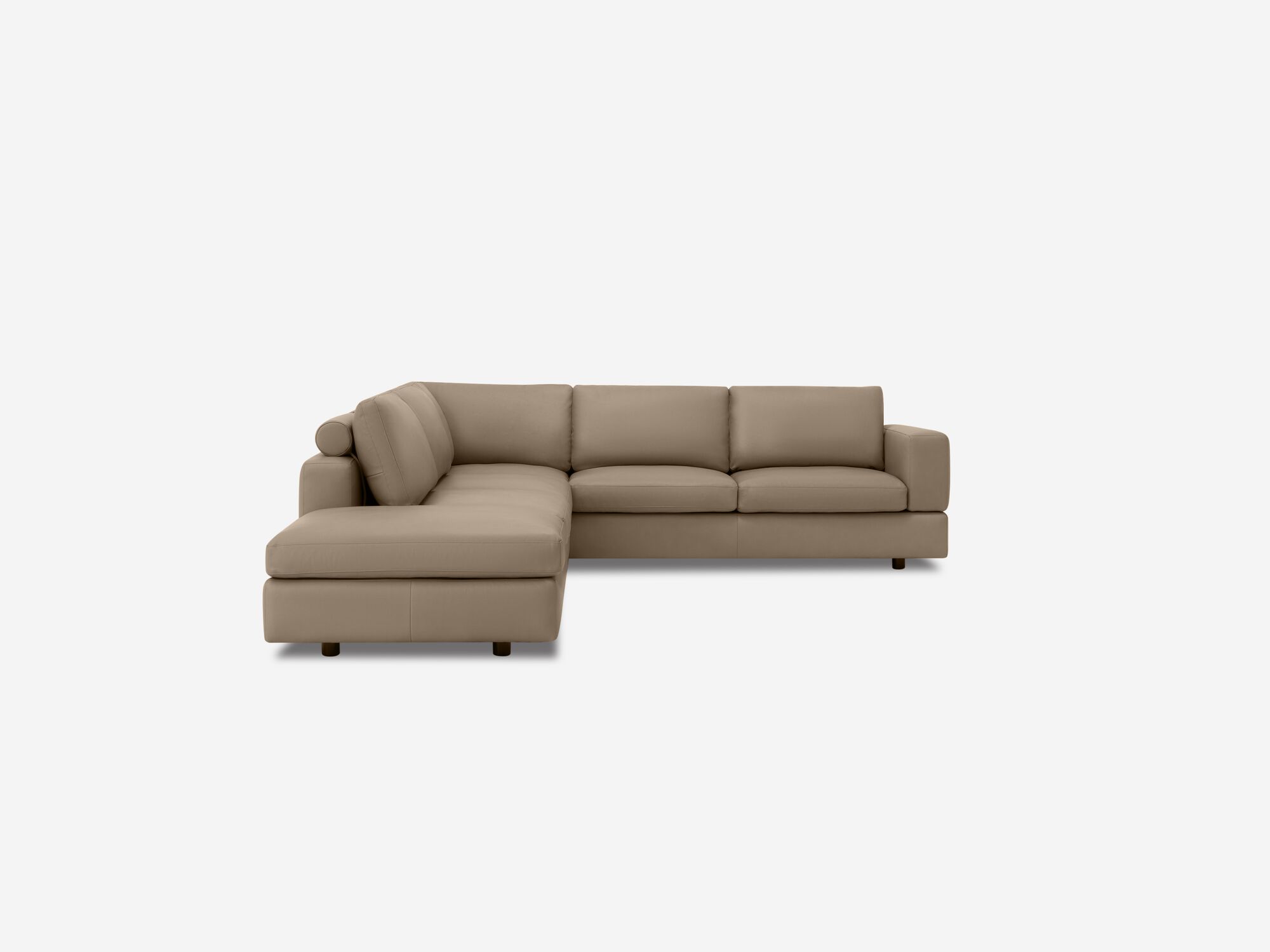 Front view of taupe leather sectional sofa