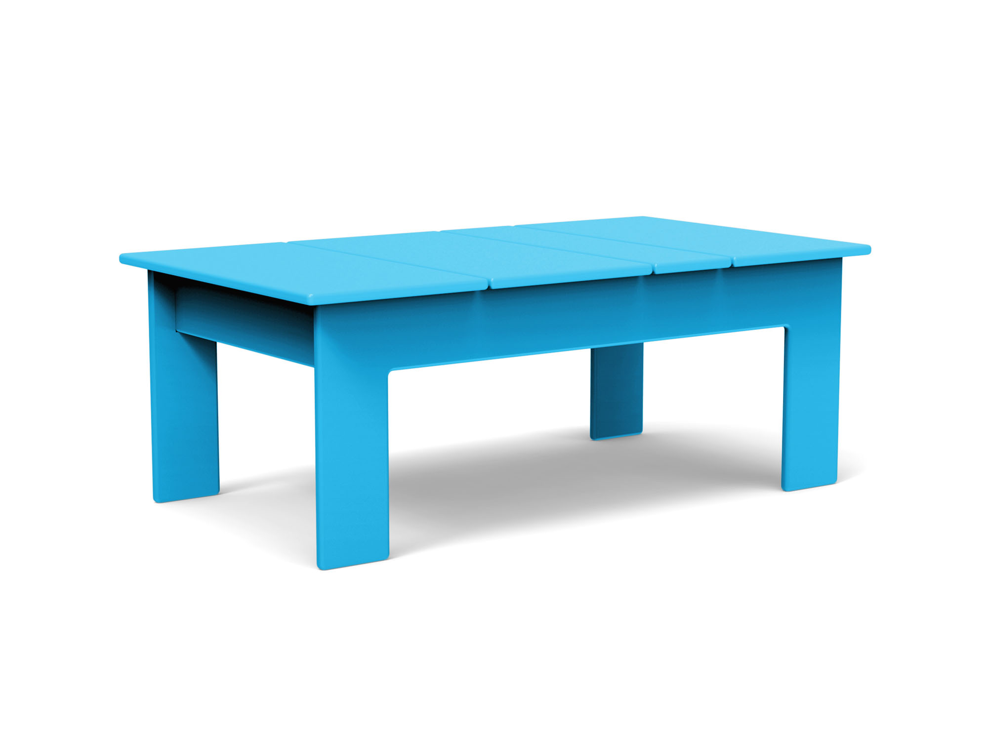 Front view of bright blue outdoor coffee table