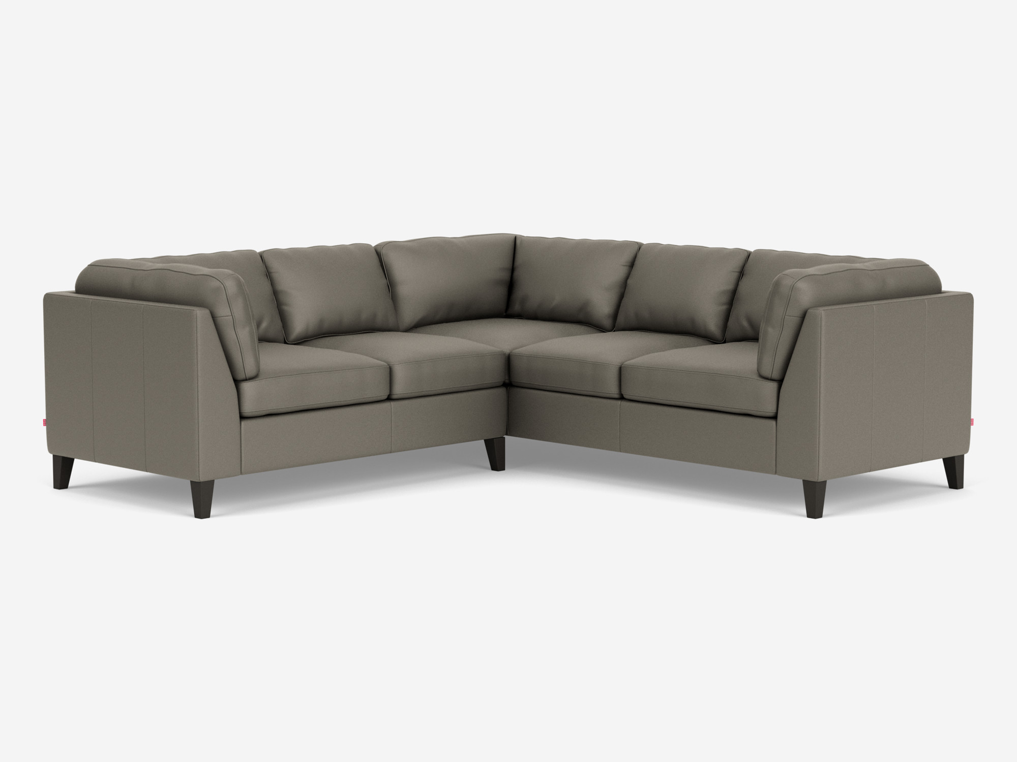 Front angled view of the Salema large sectional sofa in gray leather with left hand facing loveseat