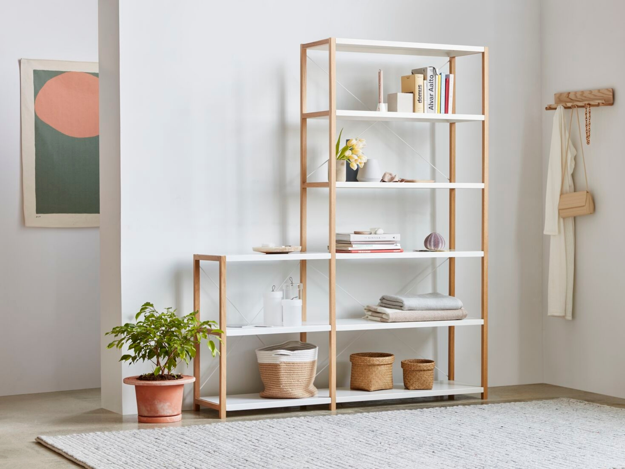 A terracotta plant pot on floor bedside white and oak bookshelf