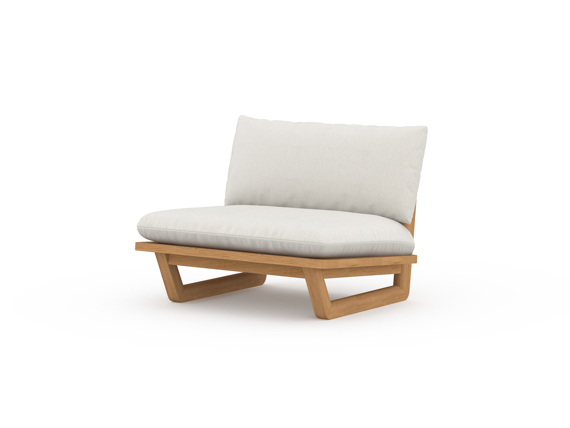 Front angle view of outdoor lounge chair with white cushions and wood legs