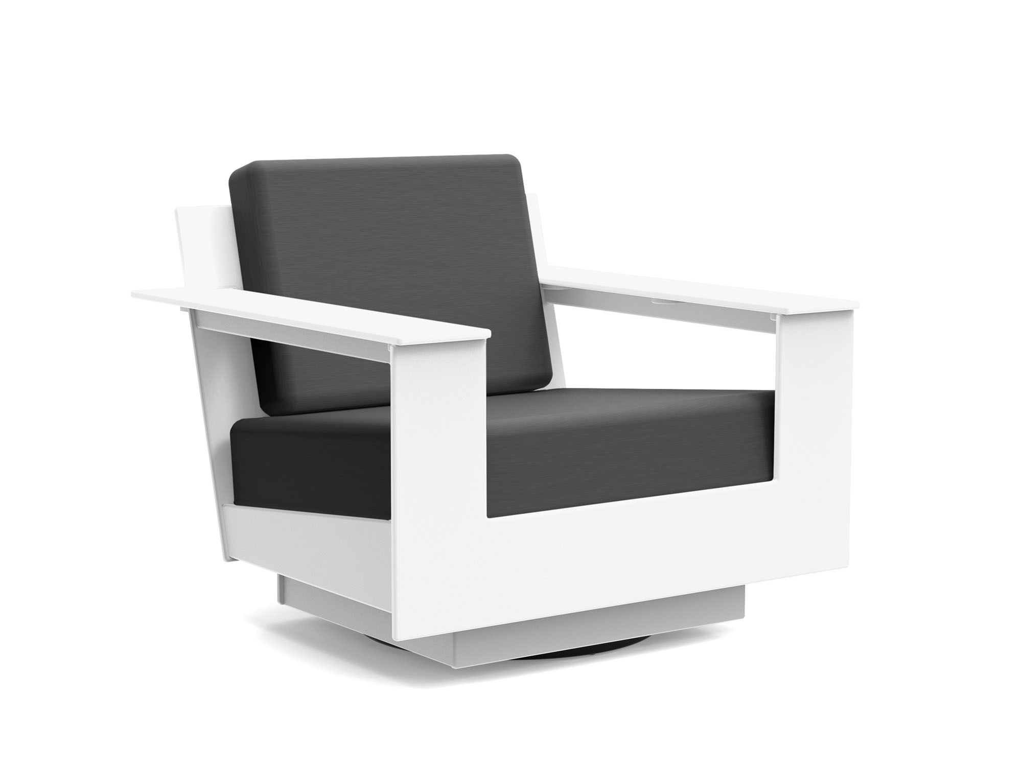 White and dark grey swivel outdoor lounge chair front angle view